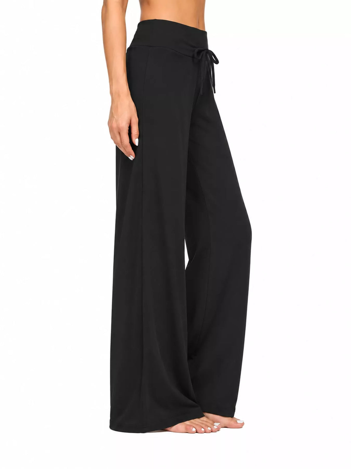 Black drawstring wide-leg pants — side view