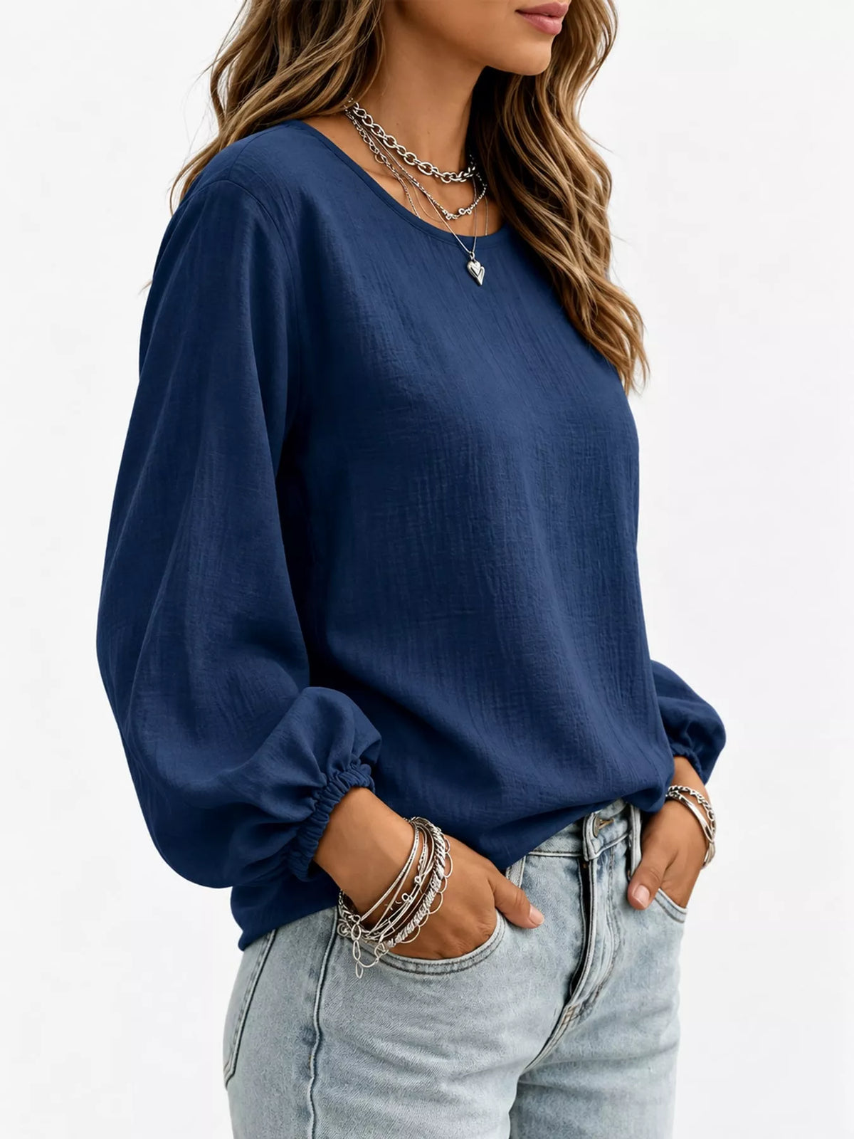 Elastic-cuff blouse, navy side