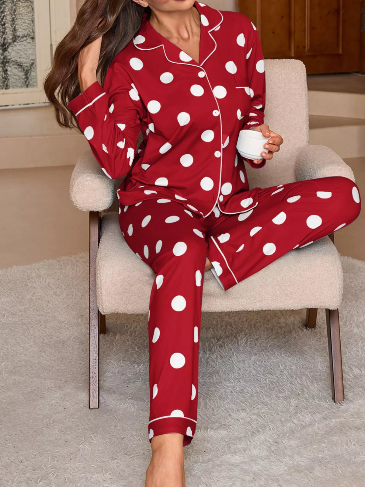 Trendsi Polka Dot Button-Down Top and Pants Lounge Set -