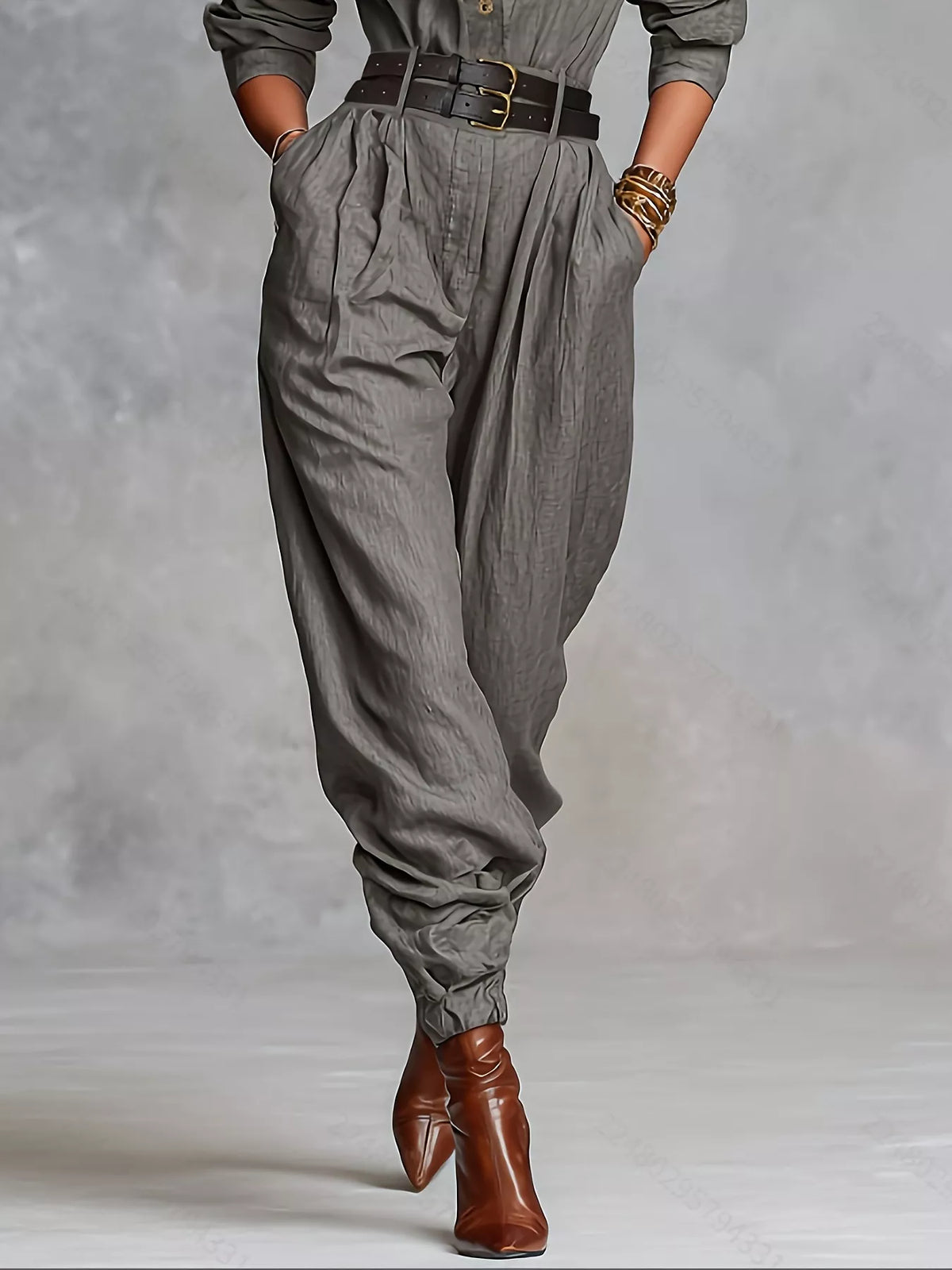 Button Front Long-Sleeve Jumpsuit in gray, leg detail
