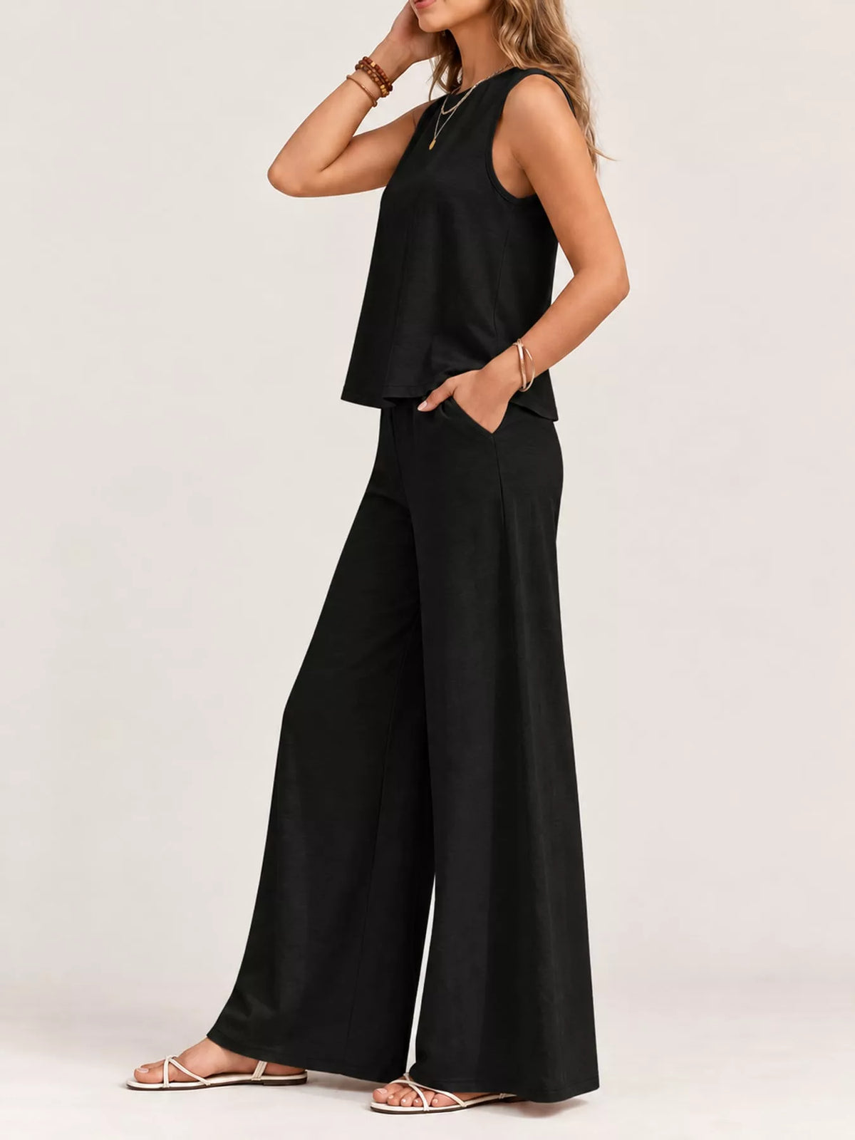 Sleeveless Tank Top and Wide-Leg Pants Set — side view