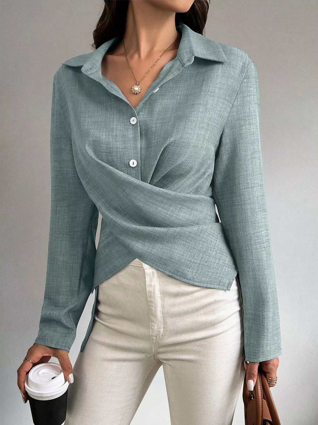 Trendsi Criss-Cross Wrap Front Long Sleeve Shirt -
