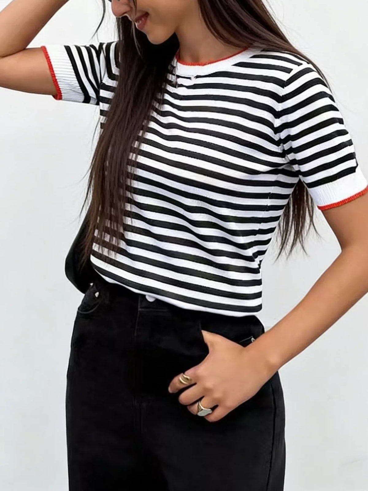 Trendsi Contrast Trim Striped Short Sleeve Knit Top -