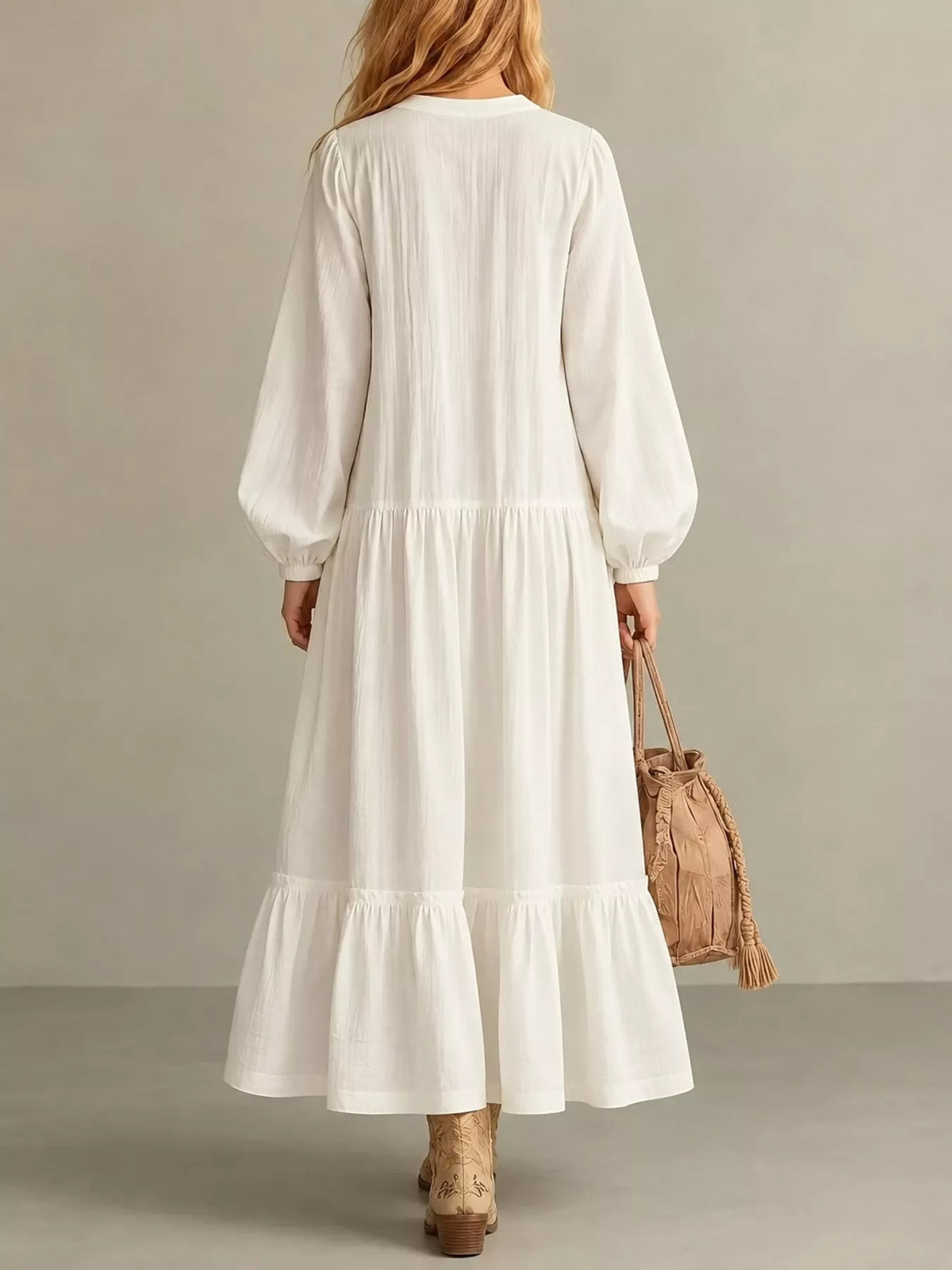 Button Front Tiered Maxi Dress in ivory, back view
