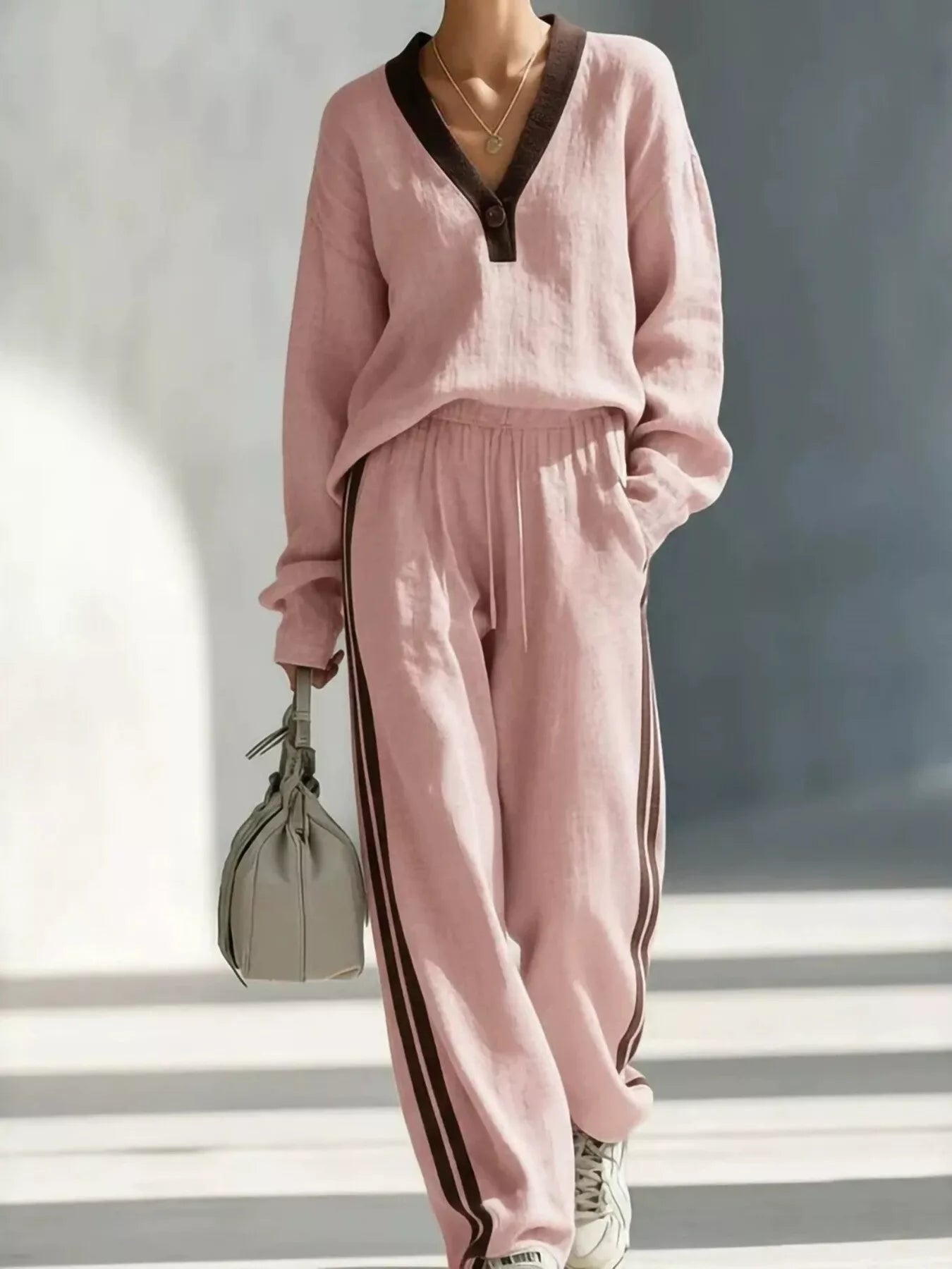 Trendsi Contrast V-Neck Top and Striped Pants Set -