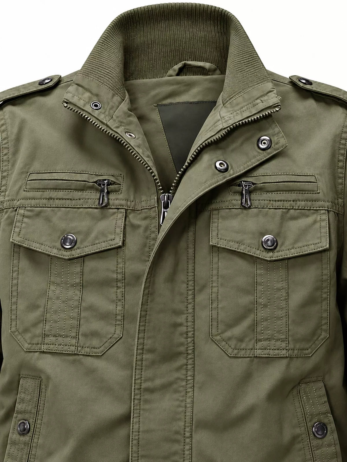 Multi-Pocket Tactical Bomber Jacket — garment construction details