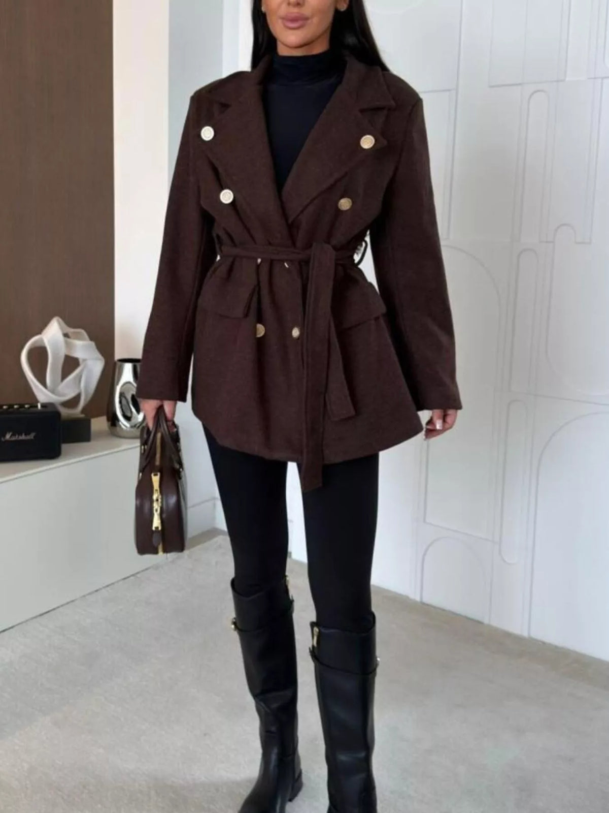 Black double-breasted belted wool-blend coat
