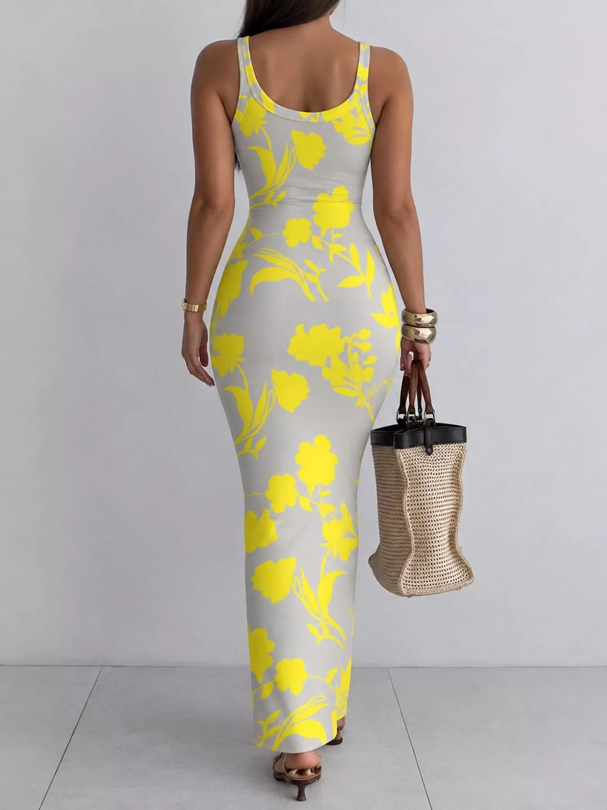 Bodycon maxi dress, yellow floral back