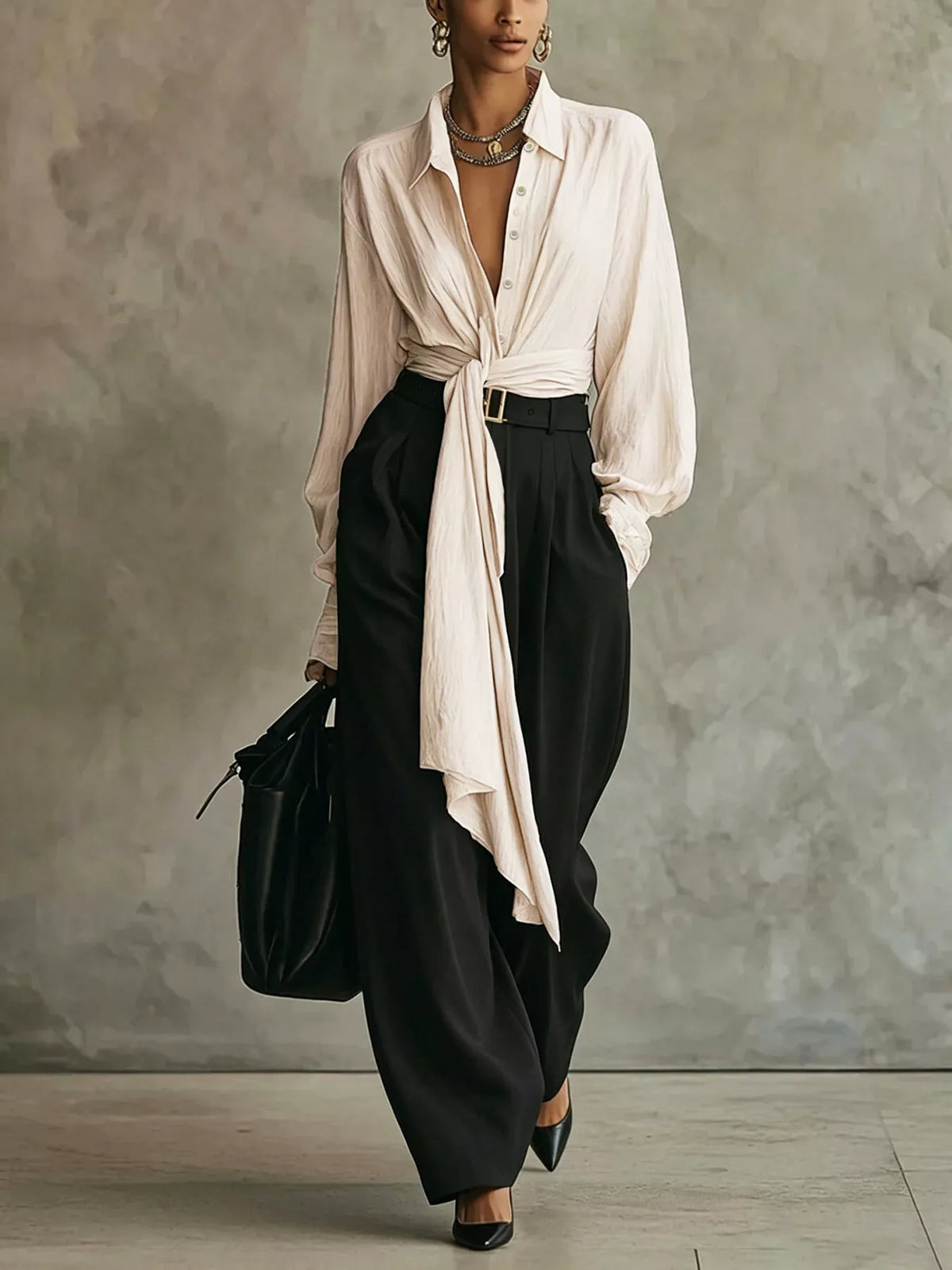 Apricot Tie-Front Shirt and Wide-Leg Pants Set front view