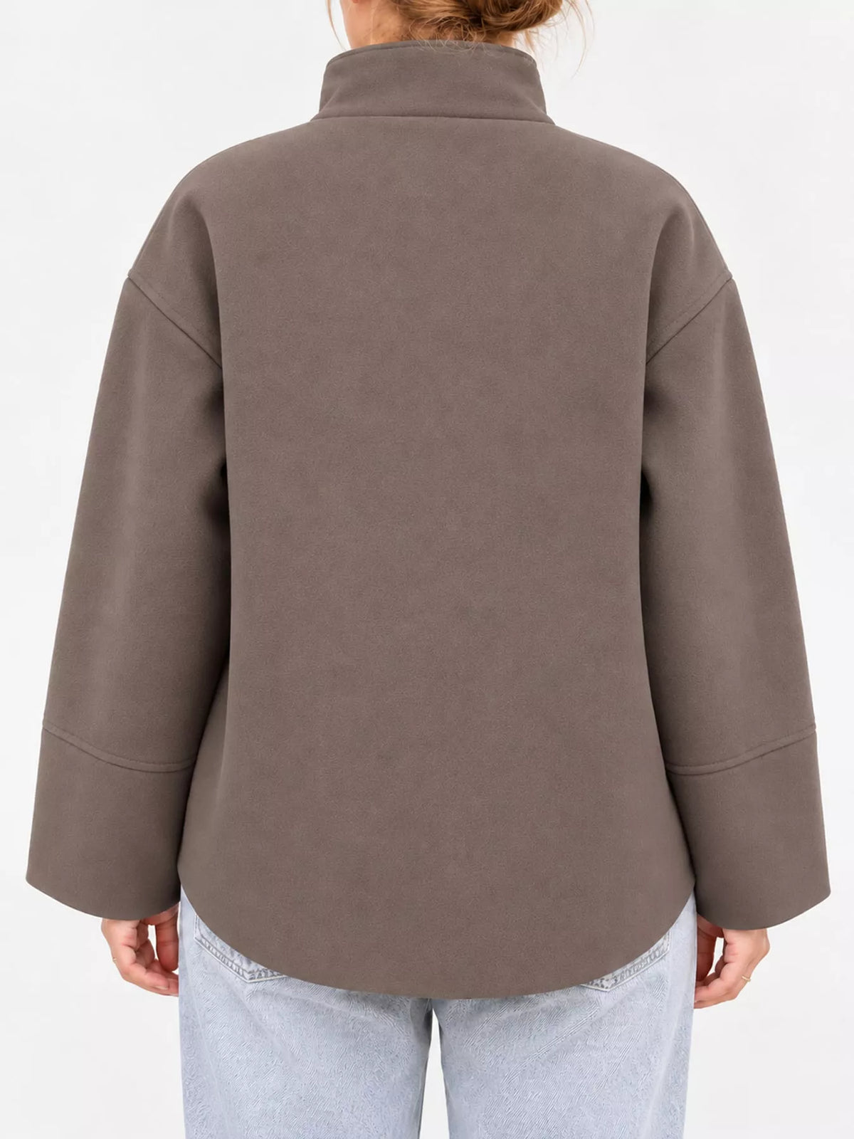 Camel stand-collar button-up jacket, back view