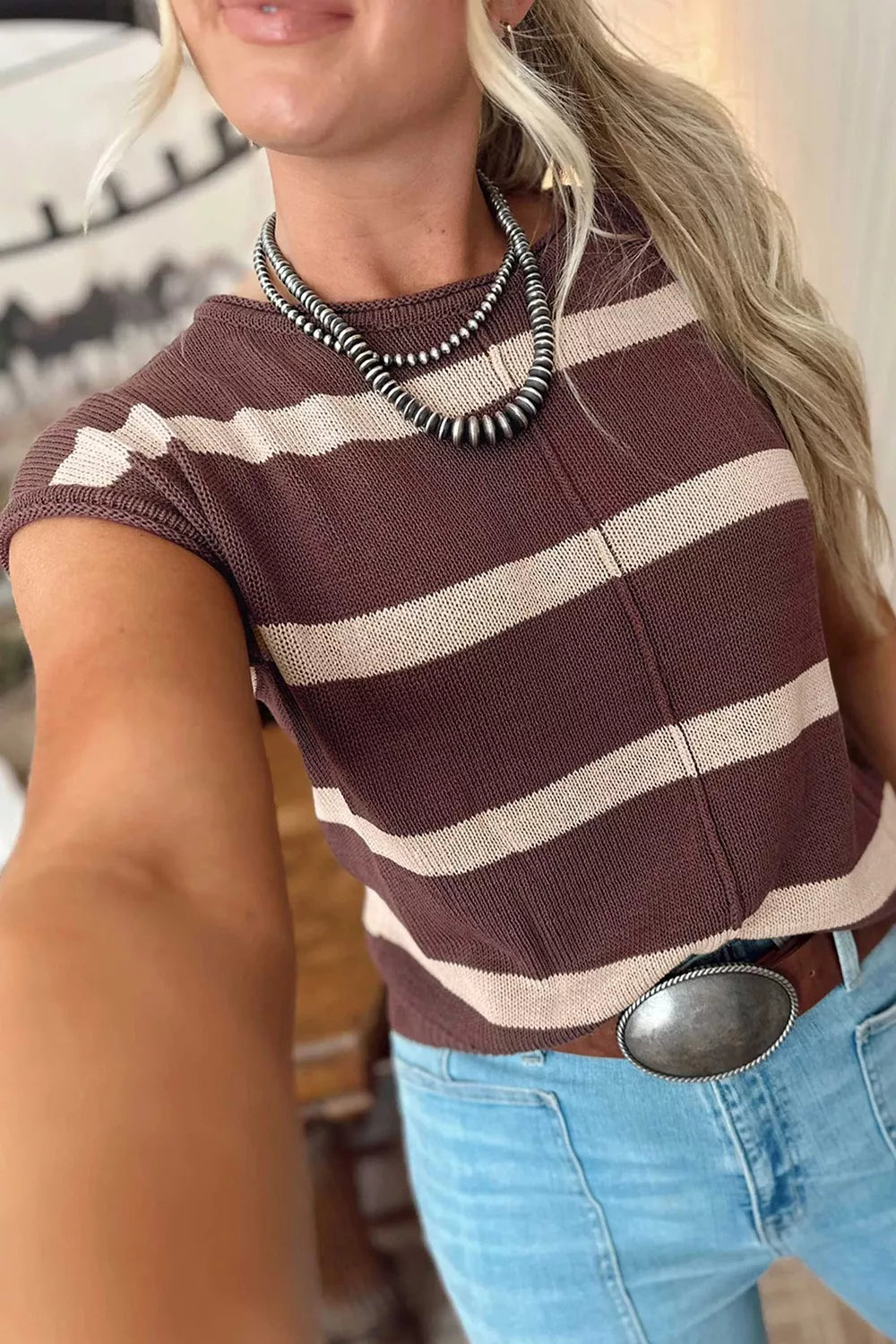 Trendsi Stripe Knit Western Short Sleeve Sweater -