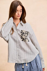 Trendsi BiBi Flower Jacquard Knit Patch Pocket Stripe Shirt -