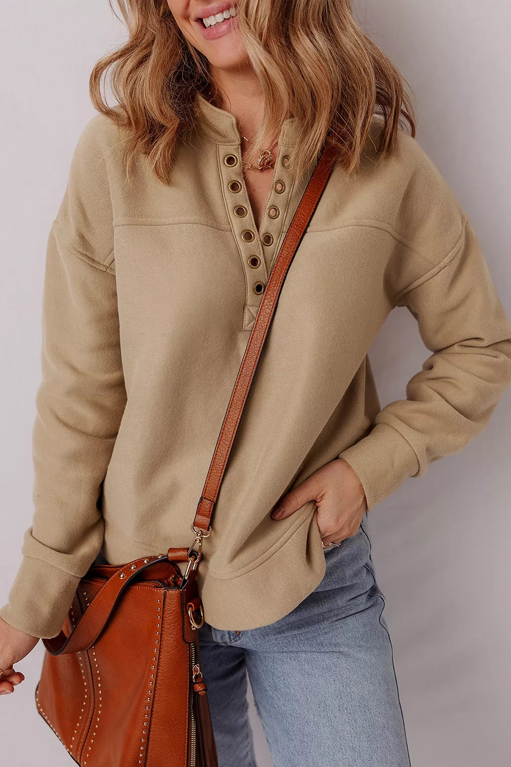 Trendsi Eyelet Button Placket Dropped Shoulder Sweatshirt -