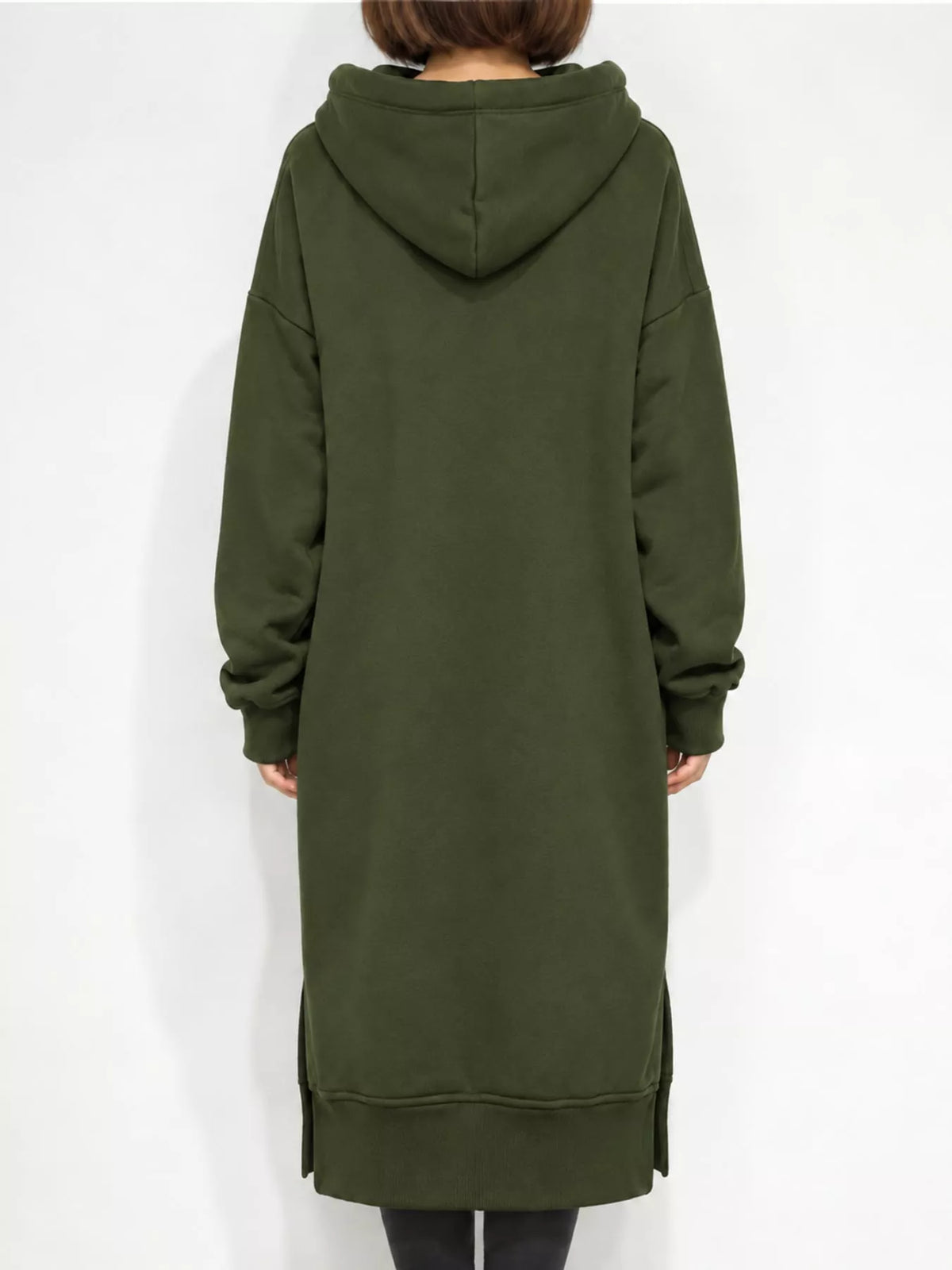 Hooded Sweatshirt Dress with Kangaroo Pocket, back view in green