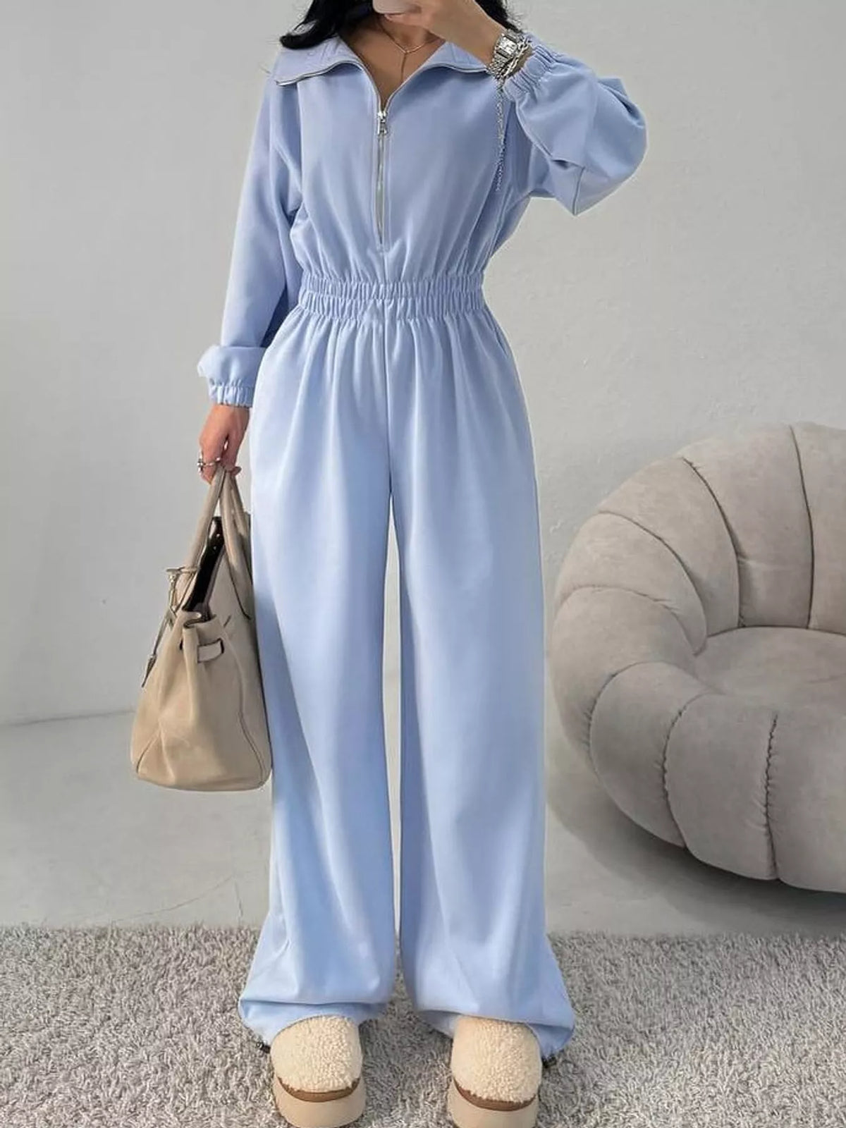 Zip Front Long Sleeve Jumpsuit — front view