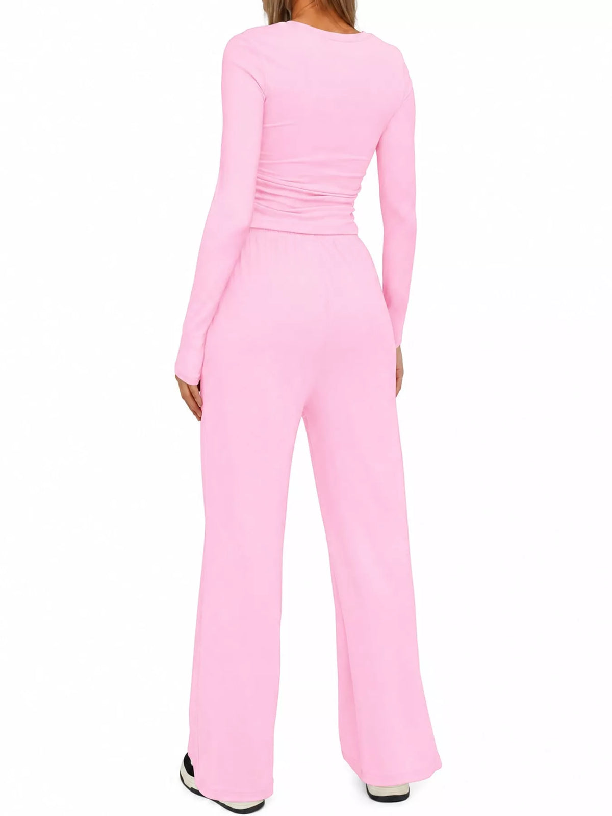 Long Sleeve Top and Wide-Leg Drawstring Pants Set — back view