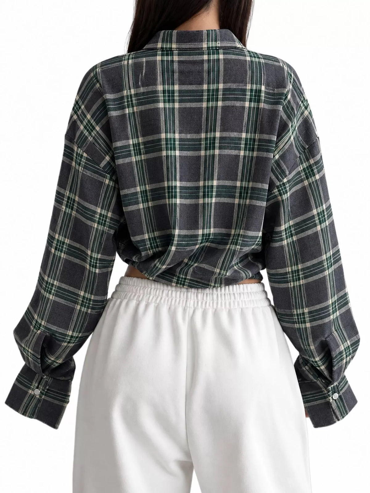 Dark Gray plaid button up shirt, back view