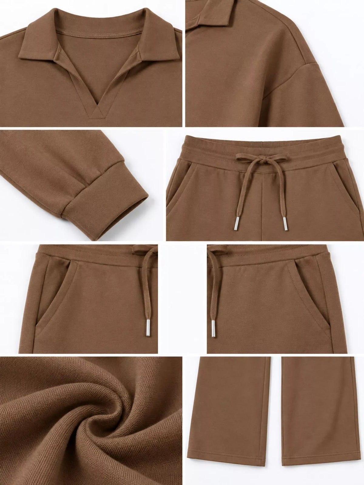 Top and drawstring pants set, brown detail collage