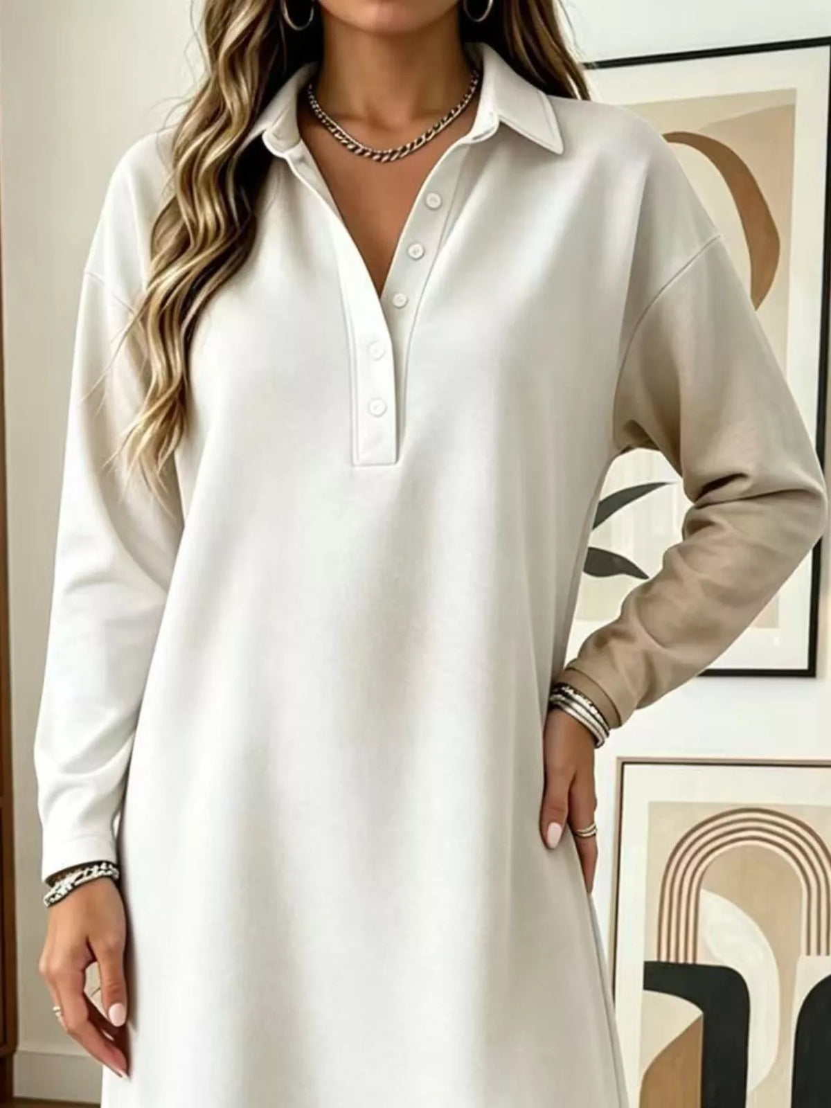 Polo Collar Midi Dress in white, front view