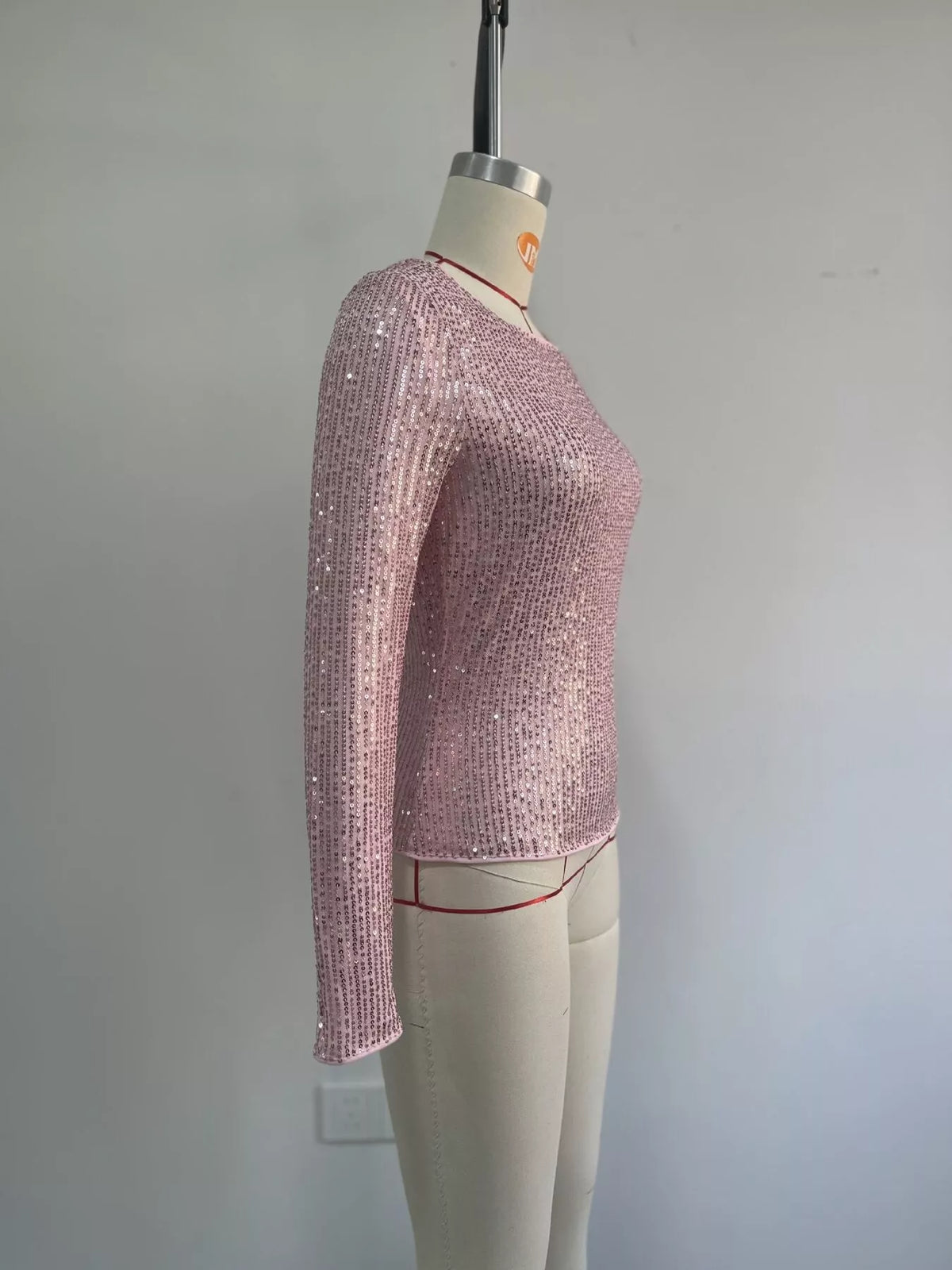 Pink sequin long sleeve crop T-shirt, side product view