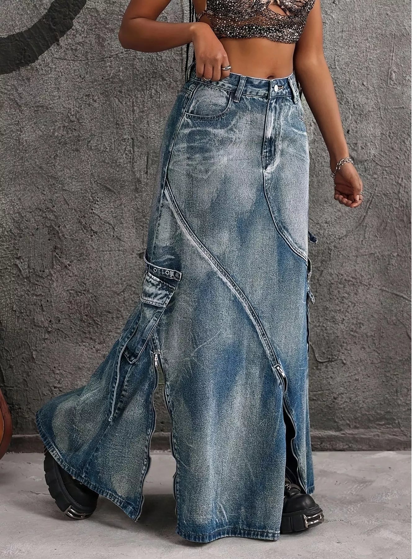 Trendsi High-Waisted Denim Maxi Skirt with Zipper Slit -