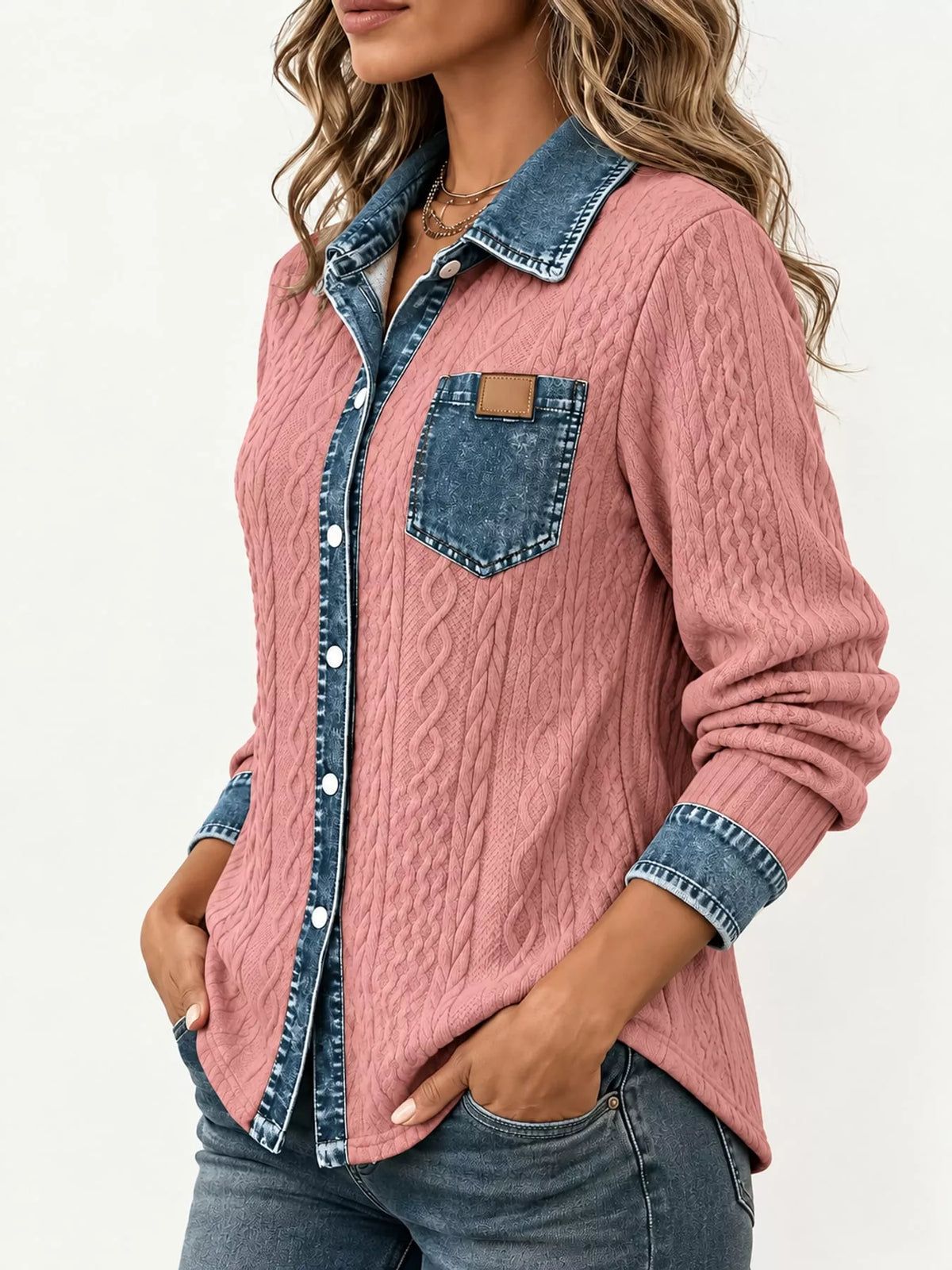 Contrast Denim Trim Textured Button-Down Shirt — front view