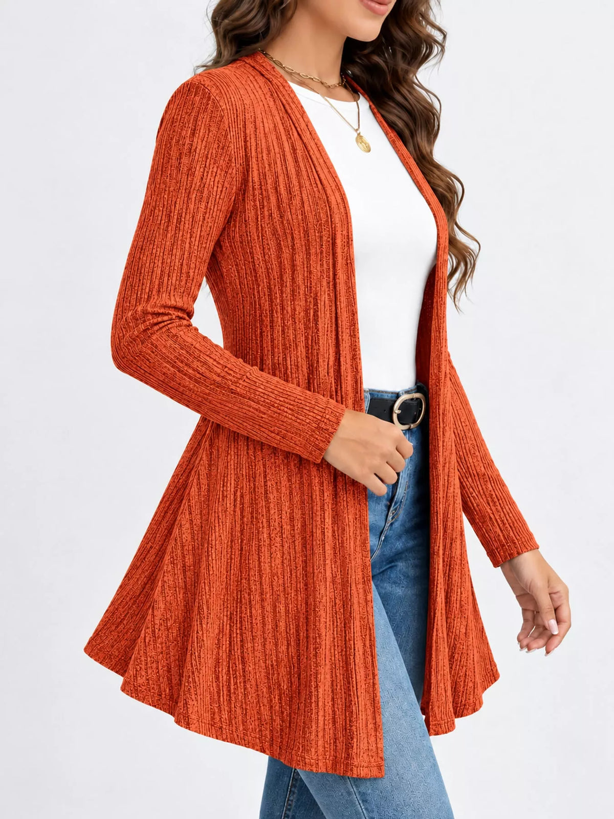 Coral ribbed knit open front cardigan