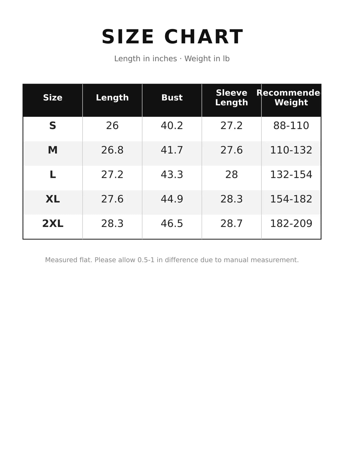 Size chart for contrast raglan long sleeve t-shirt