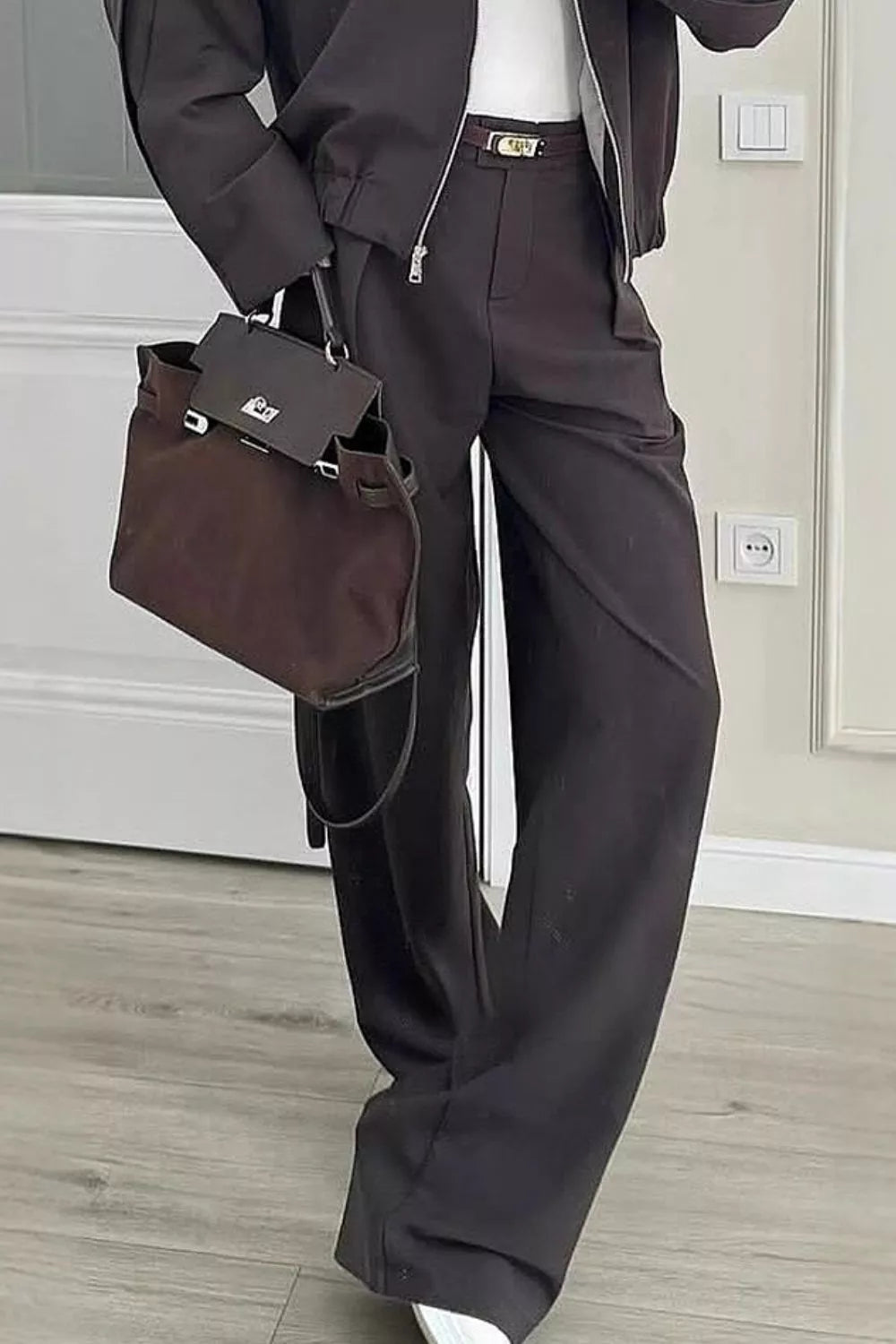 Trendsi Zip-Up Jacket and Wide-Leg Pants Set -