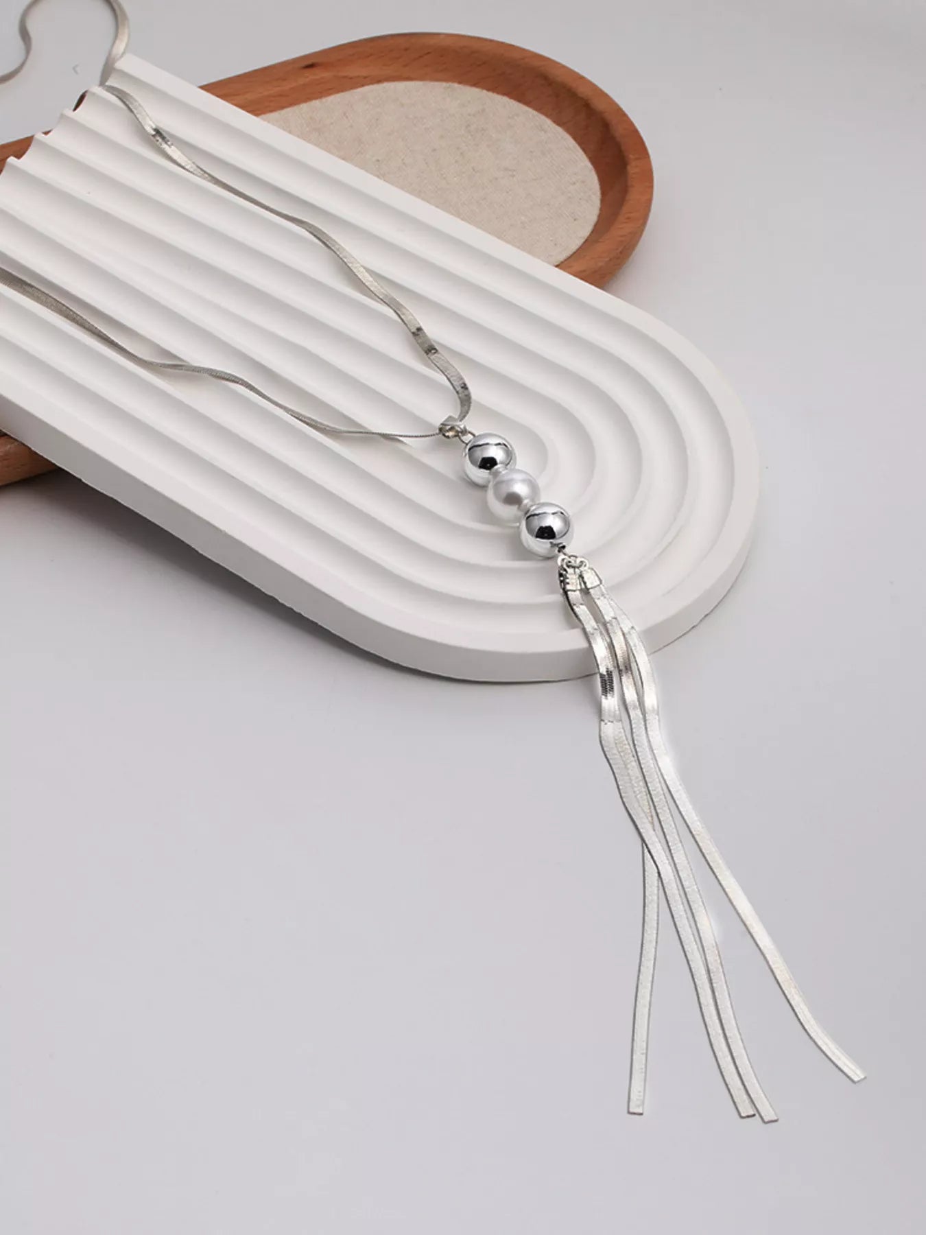 Trendsi Alloy Silver-Plated Bead Tassel Necklace -