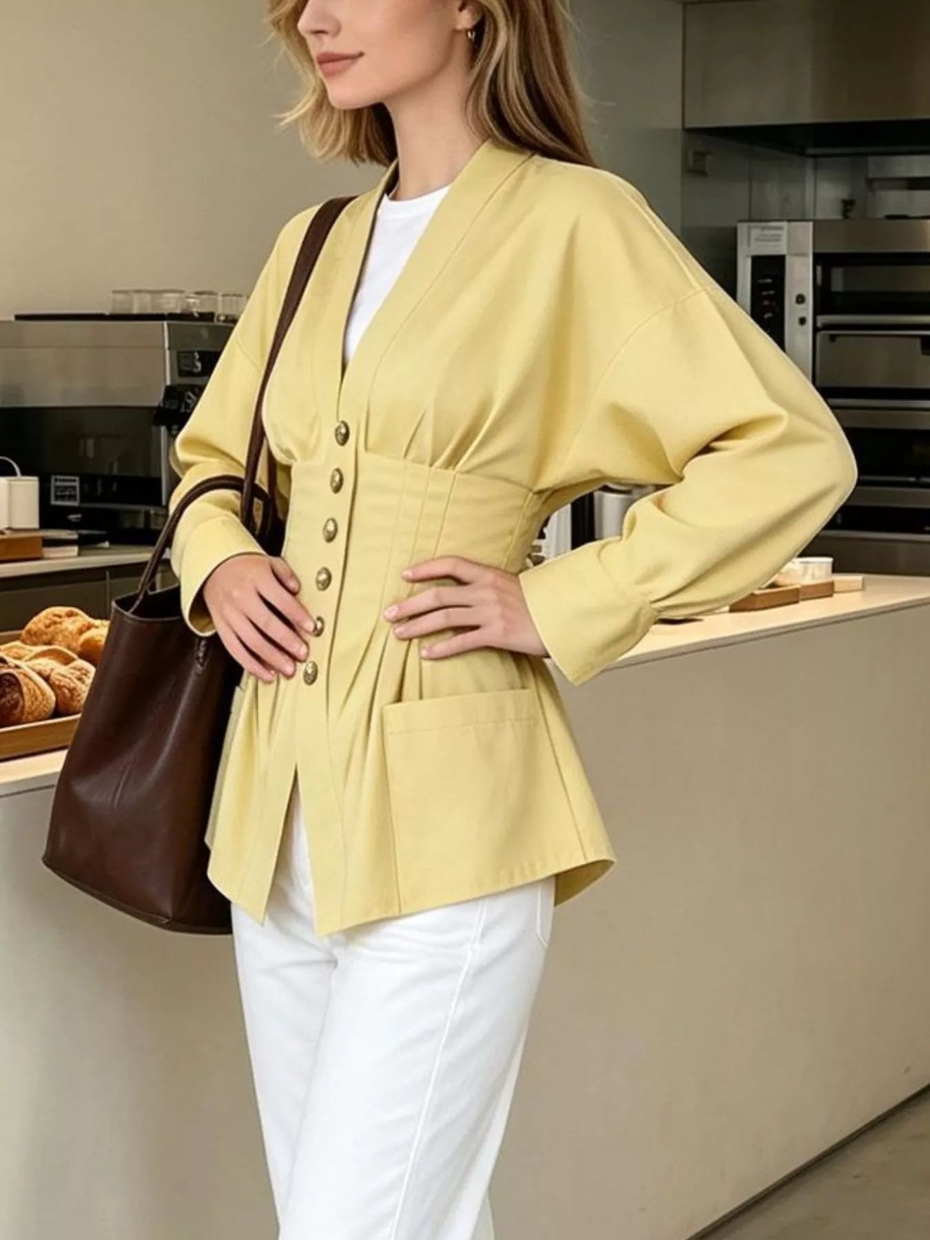 Trendsi Pleated Waist Blouse with Button Detail -