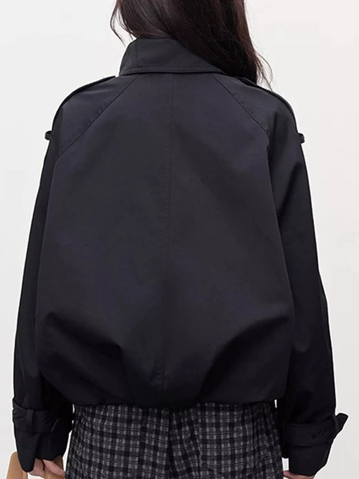 Lapel Double-Breasted Trench Jacket, back view in black-2797