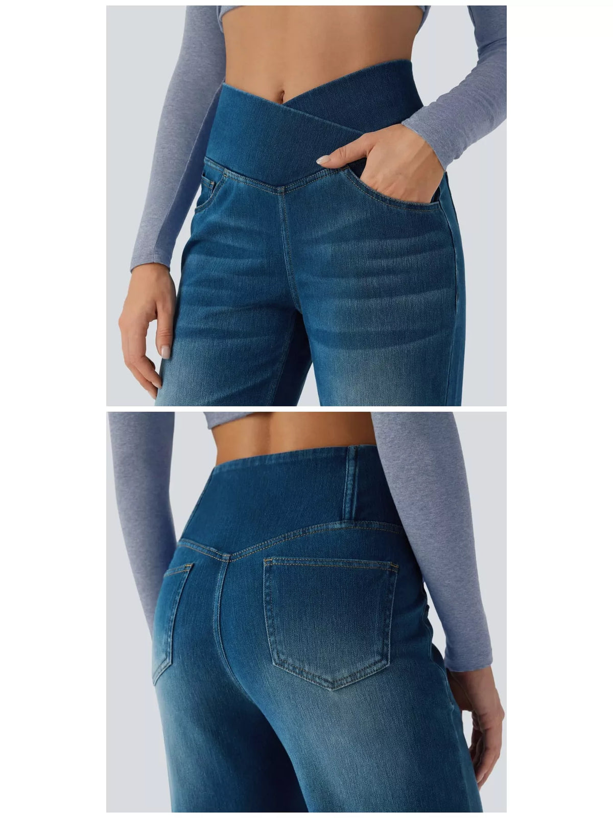 High-Waisted Crossover Straight-Leg Jeans, front and back details