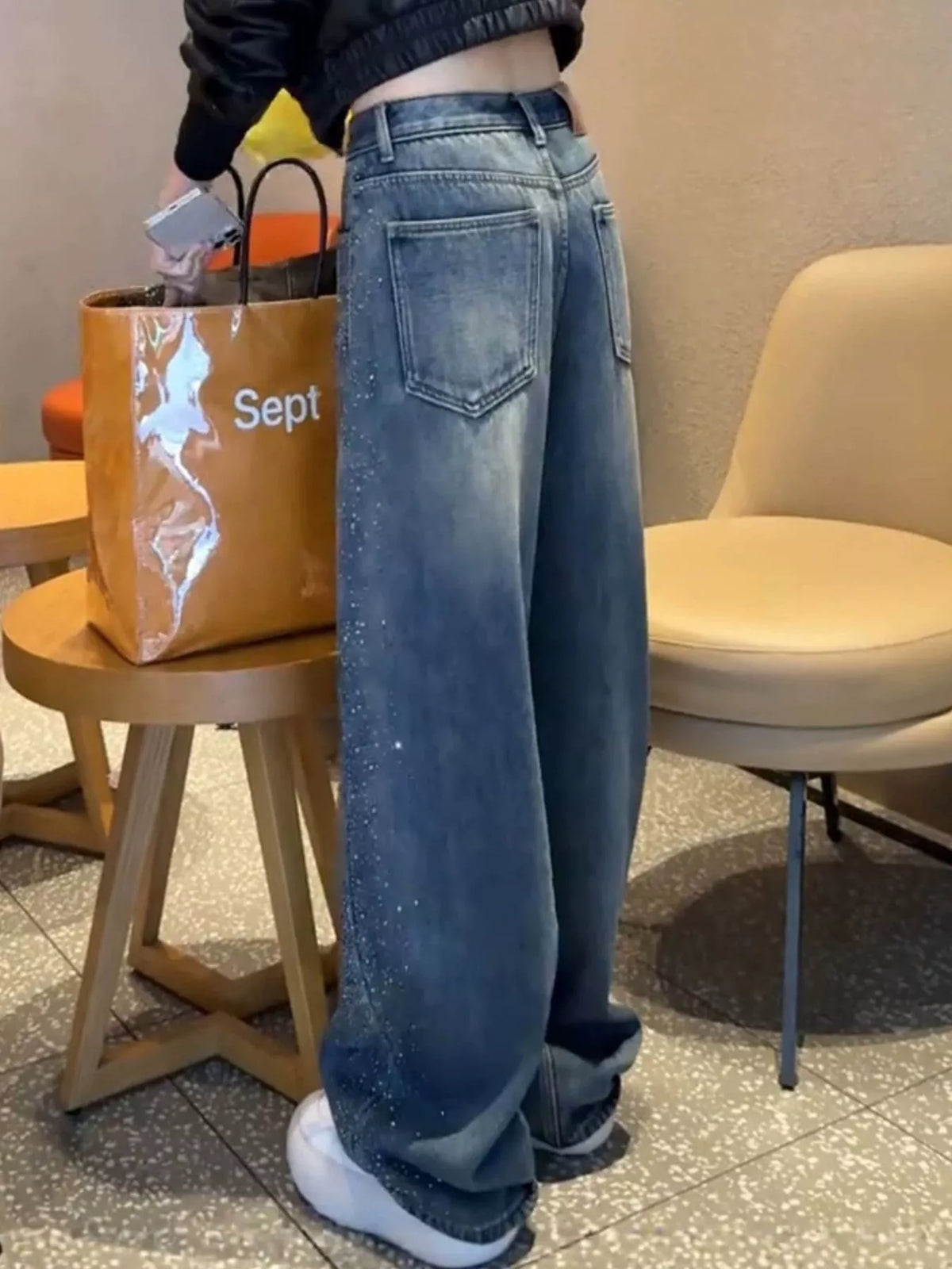 Rhinestone Embellished Wide-Leg Jeans in blue