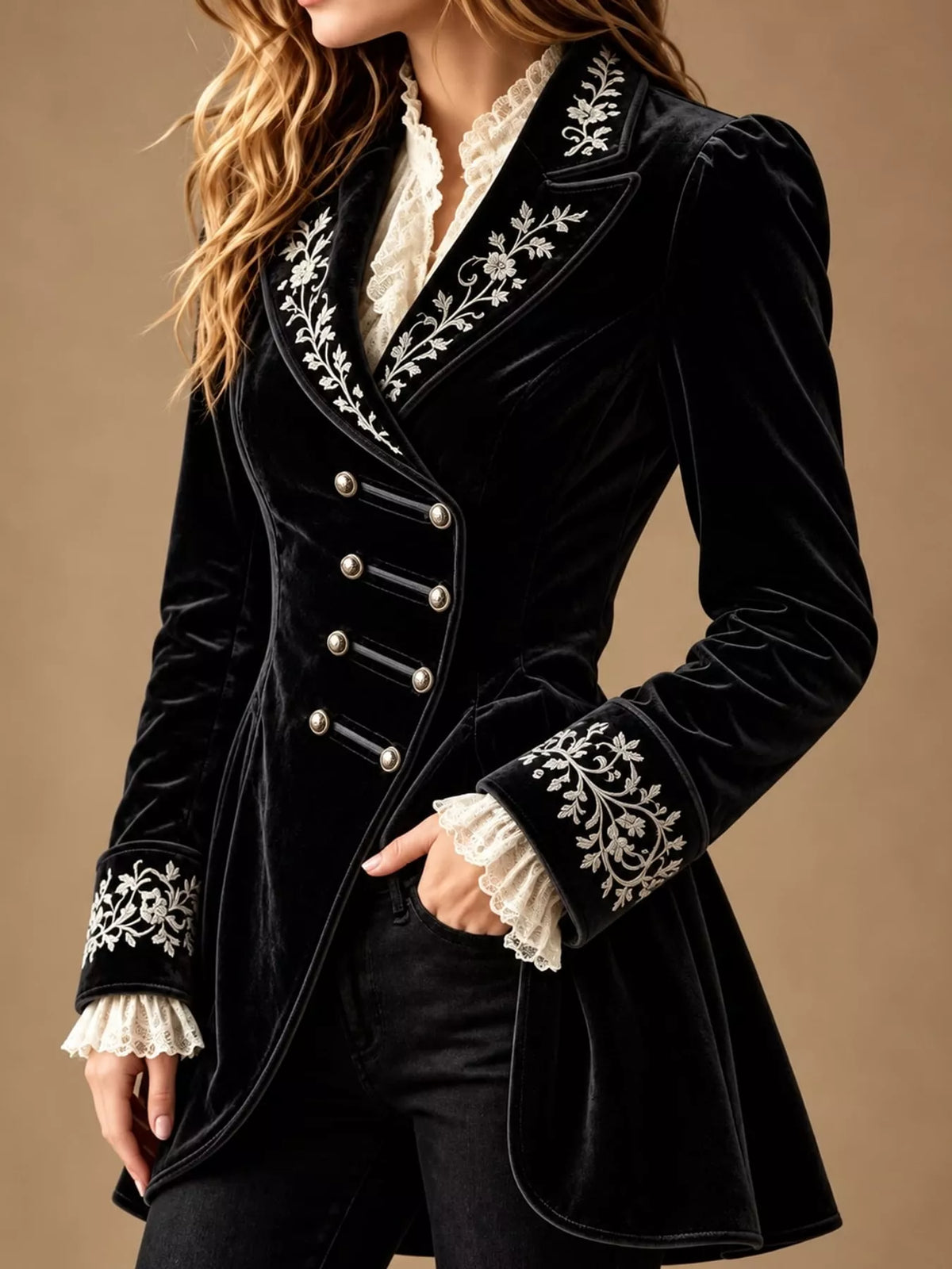 Black embroidered velvet peplum blazer — front view