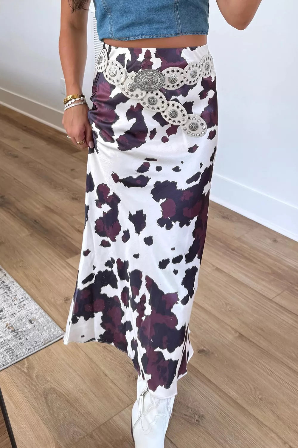 Trendsi Abstract Print Western Long Metal Zip-Up Waist Daily Wear Skirt -