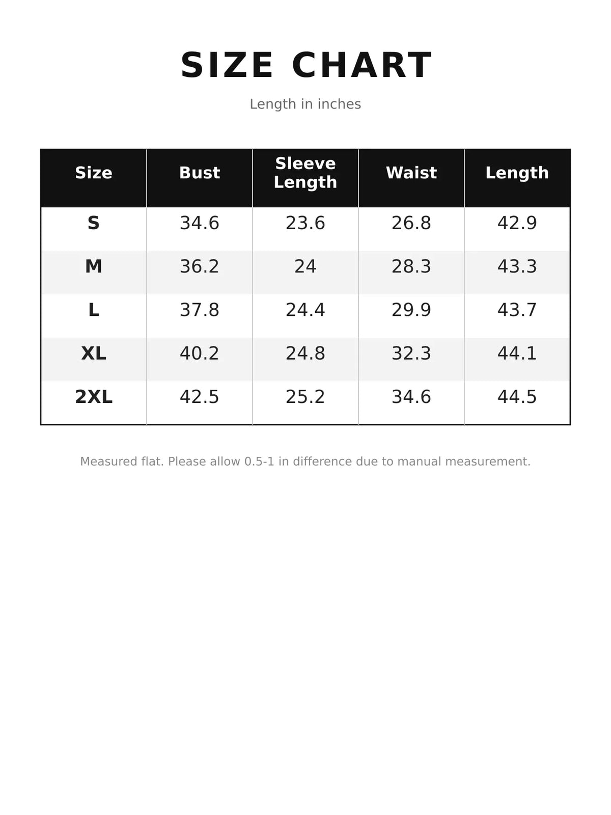 Size chart for lace-sleeve blazer dress
