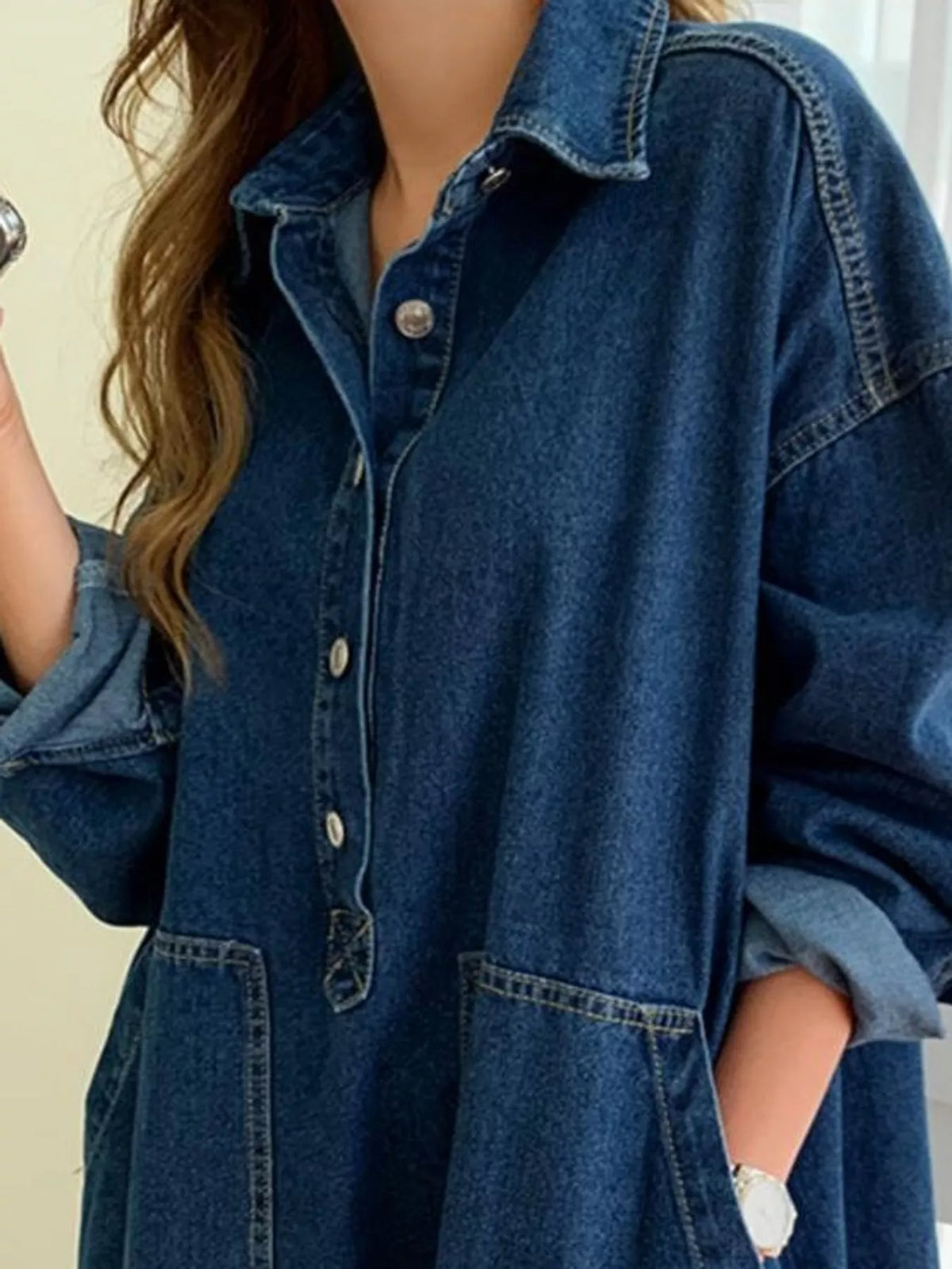 Blue button front denim shirt dress, detail view