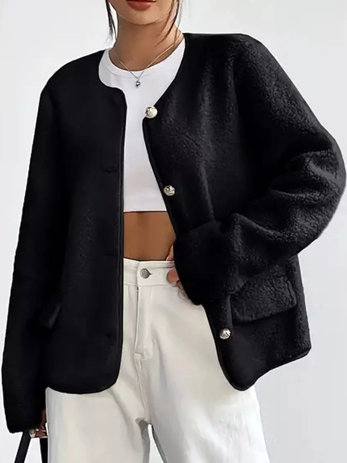 Black textured button-front jacket — front view