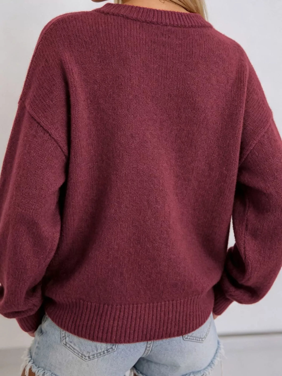 Burgundy christmas sequin candy cane sweater — back view