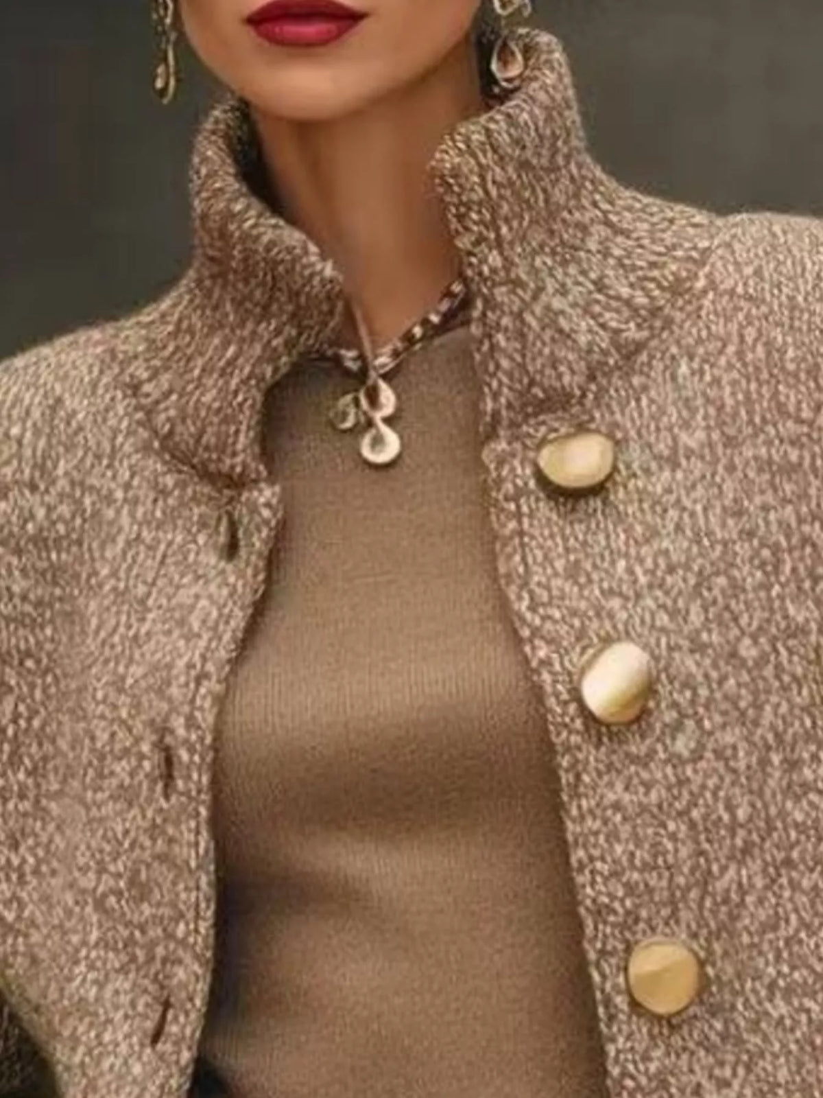 Button-Down Long Sleeve Cardigan in taupe, neckline detail
