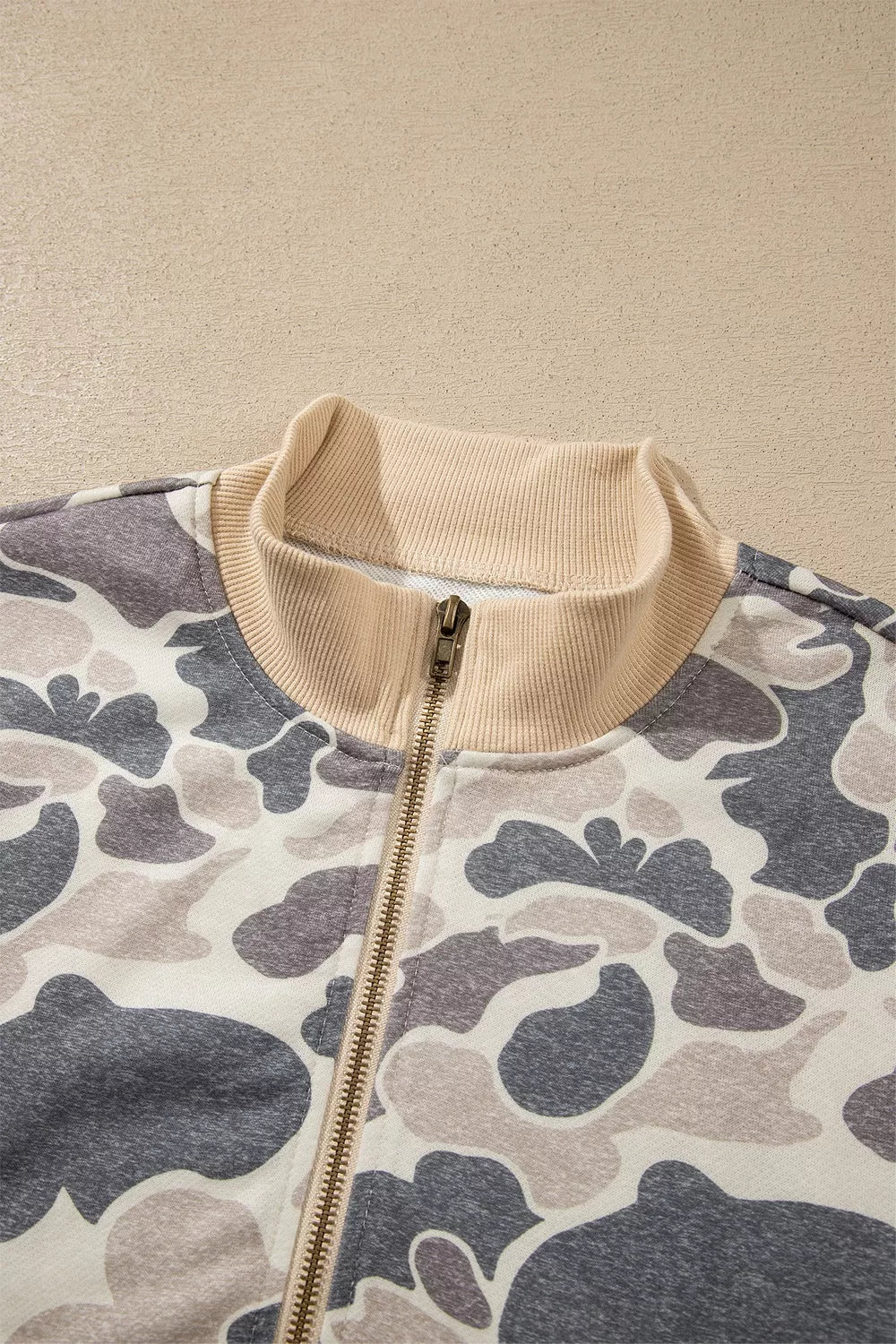 Green Camouflage camouflage print color block trim zip bomber sweatshirt