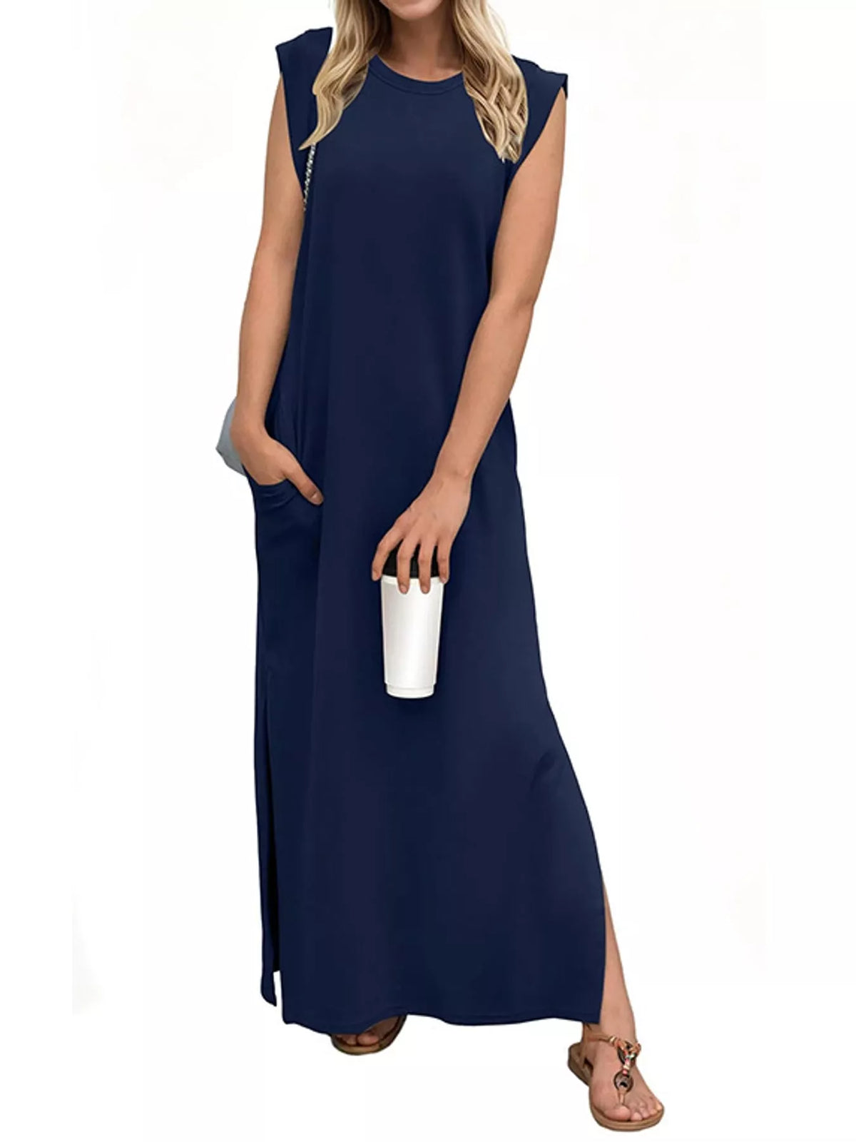 Round neck sleeveless maxi dress, front view on model
