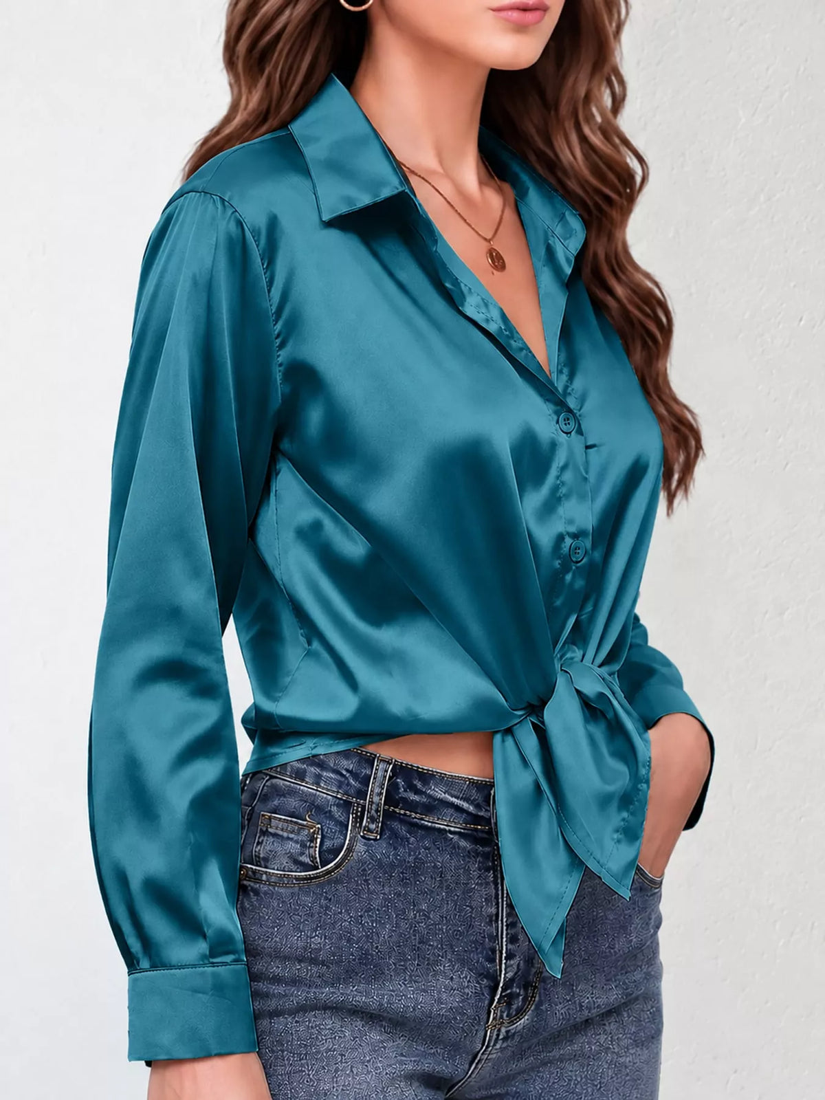 Peacock Green satin button-down long sleeve shirt