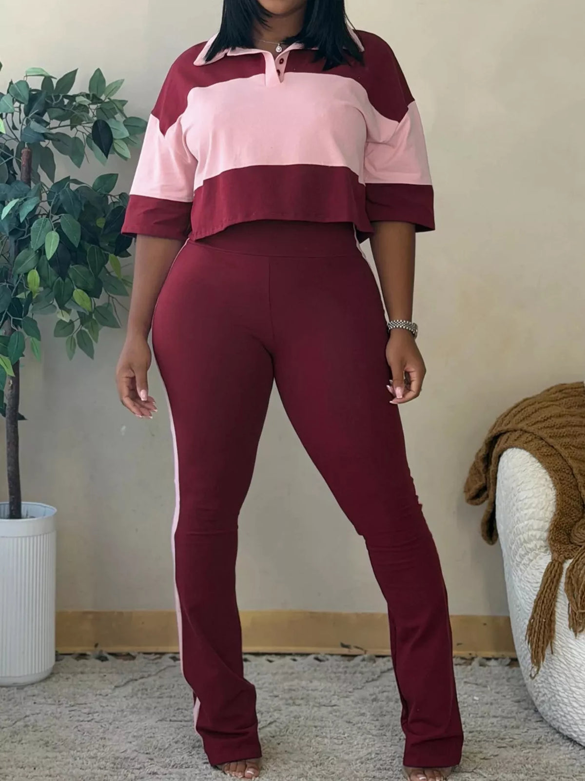 Color-Block Polo Collar Crop Top and Pants Two-Piece Set in burgundy