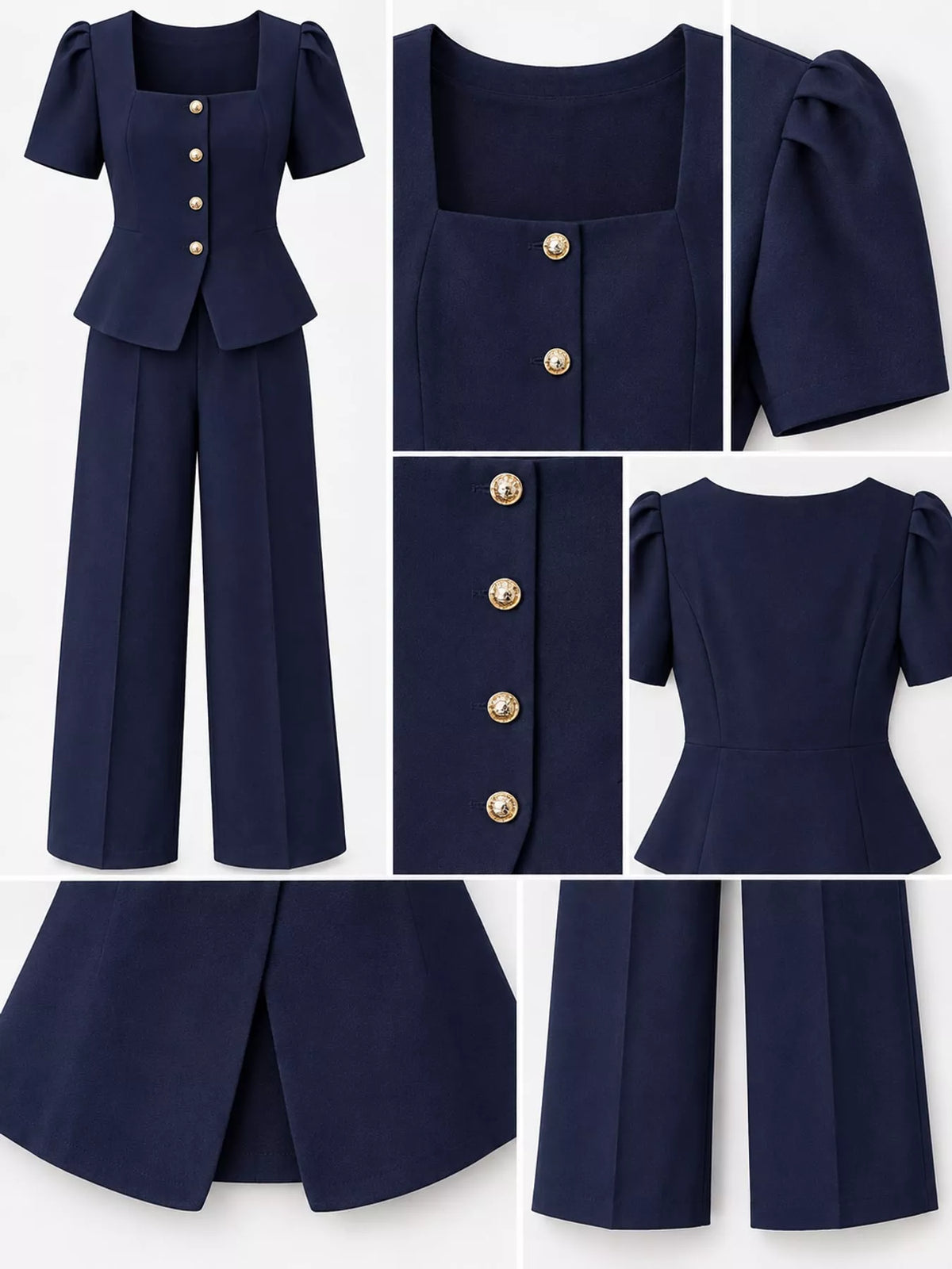 Peplum top and pants set, navy detail collage