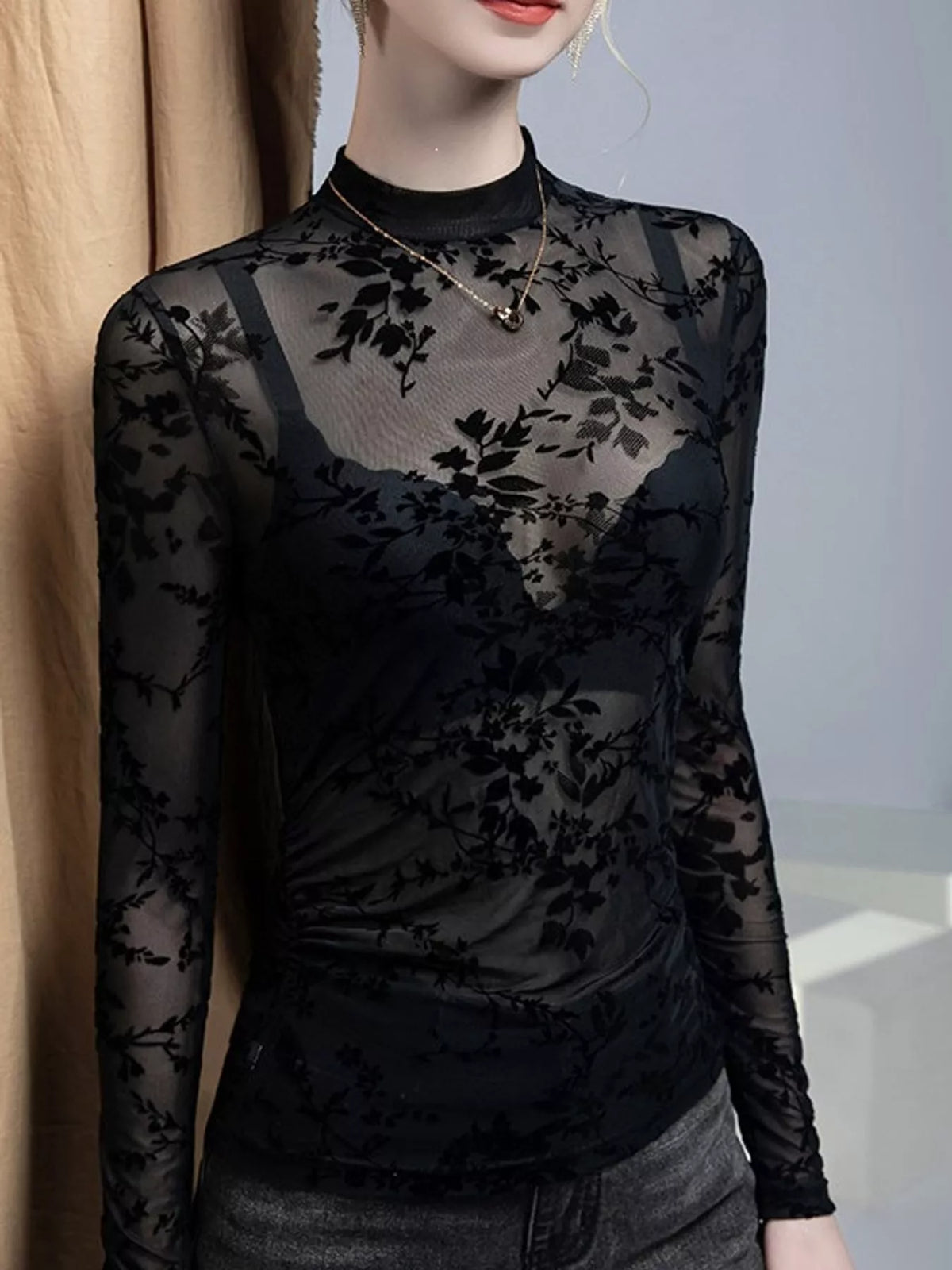Black sheer mesh lace long sleeve t-shirt — front view