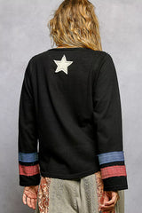 Trendsi POL Double Gauze American Flag Patch V-Neck Long Sleeve T-Shirt -