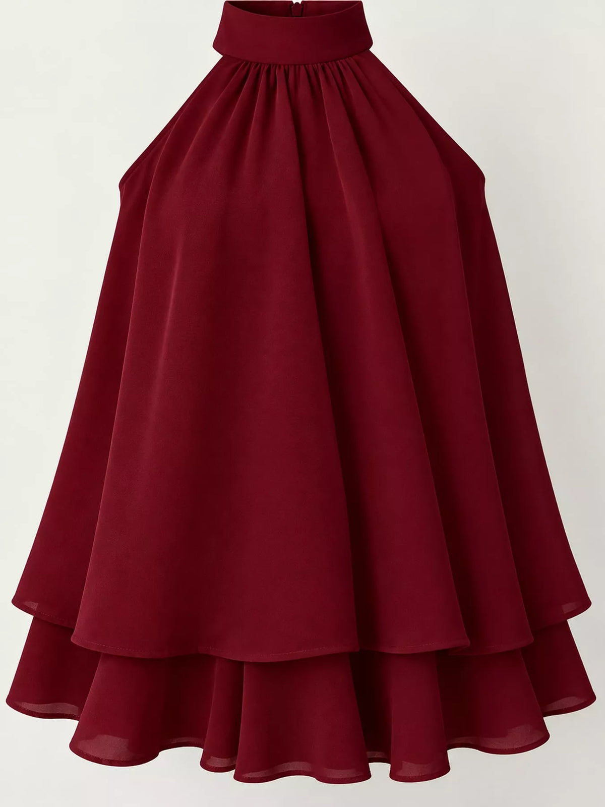Burgundy halter neck layered mini dress, layered skirt detail