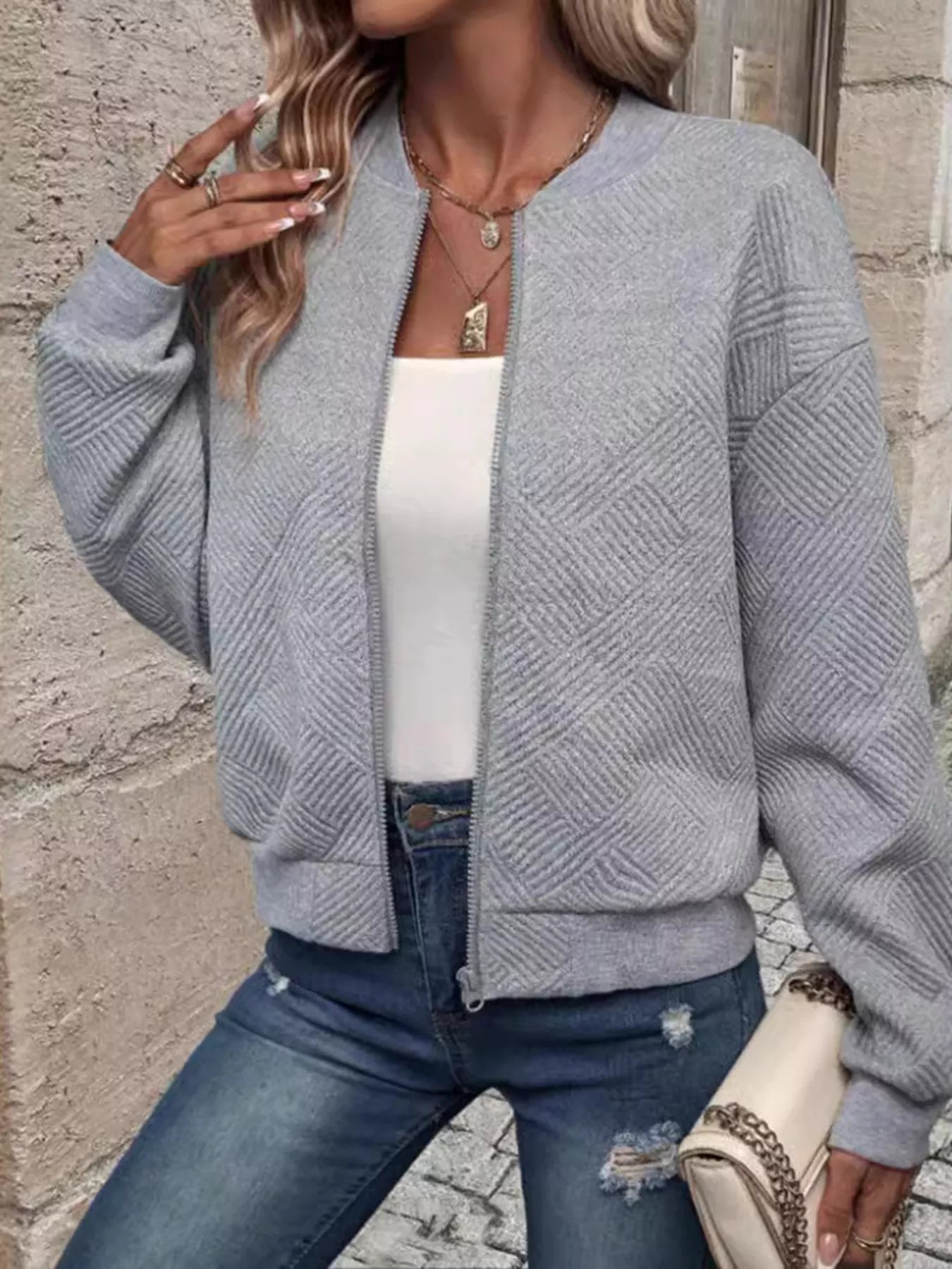 Trendsi Textured Knit Zip-Up Jacket -